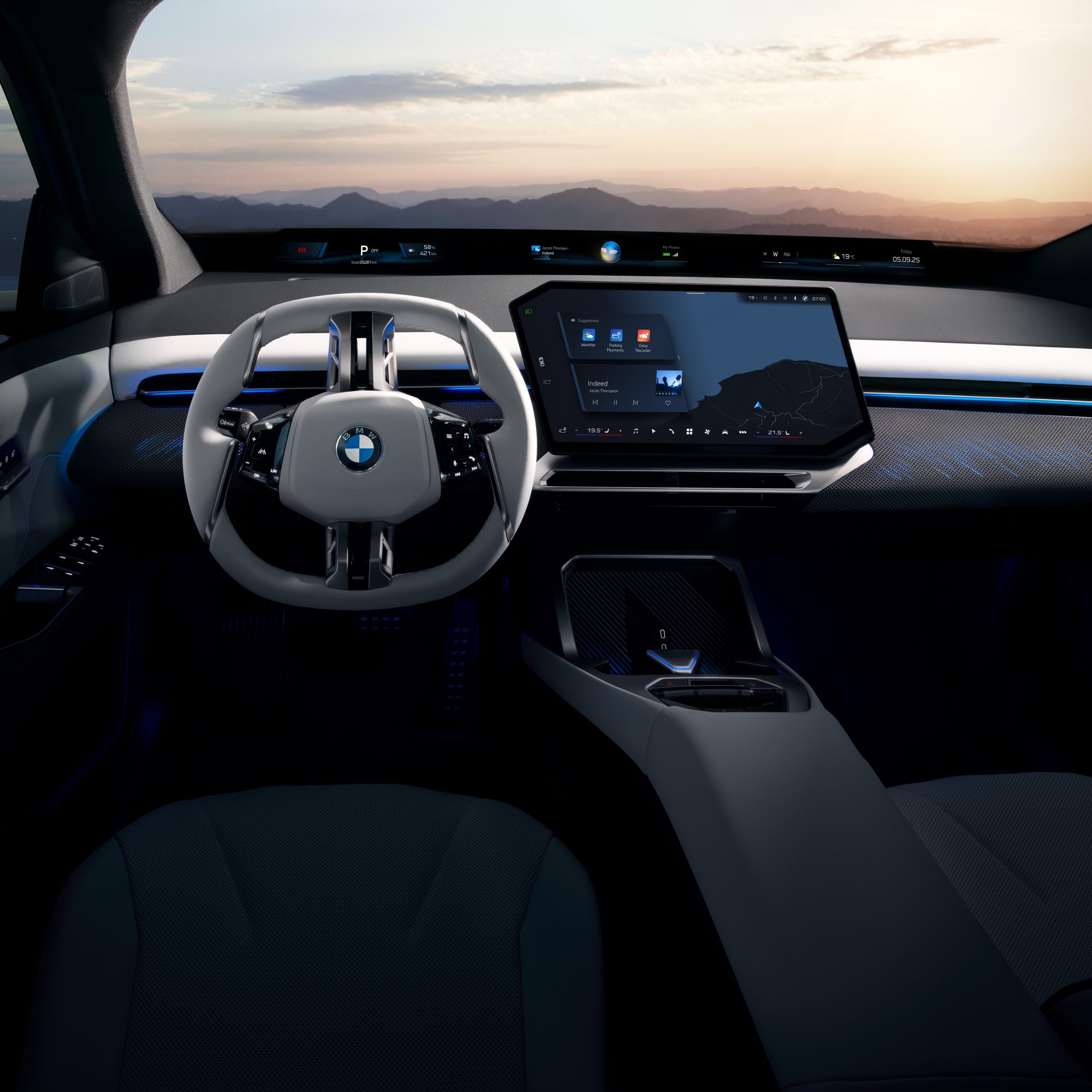 Drivers and passengers controlling a game on the curved display of a modern BMW using their smartphones.