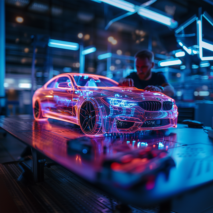 A person working in a high-tech environment with a digitally illuminated car model surrounded by blue and red lighting.
