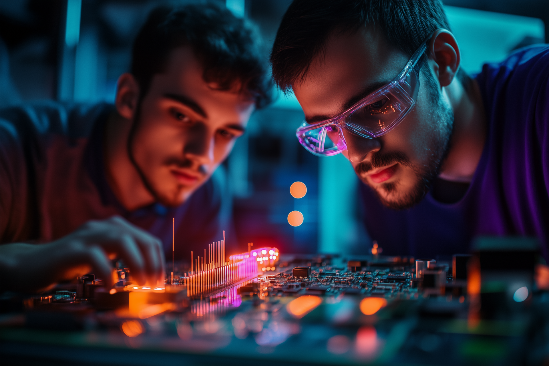 Two engineers inspect an electronic circuit board on a workbench.