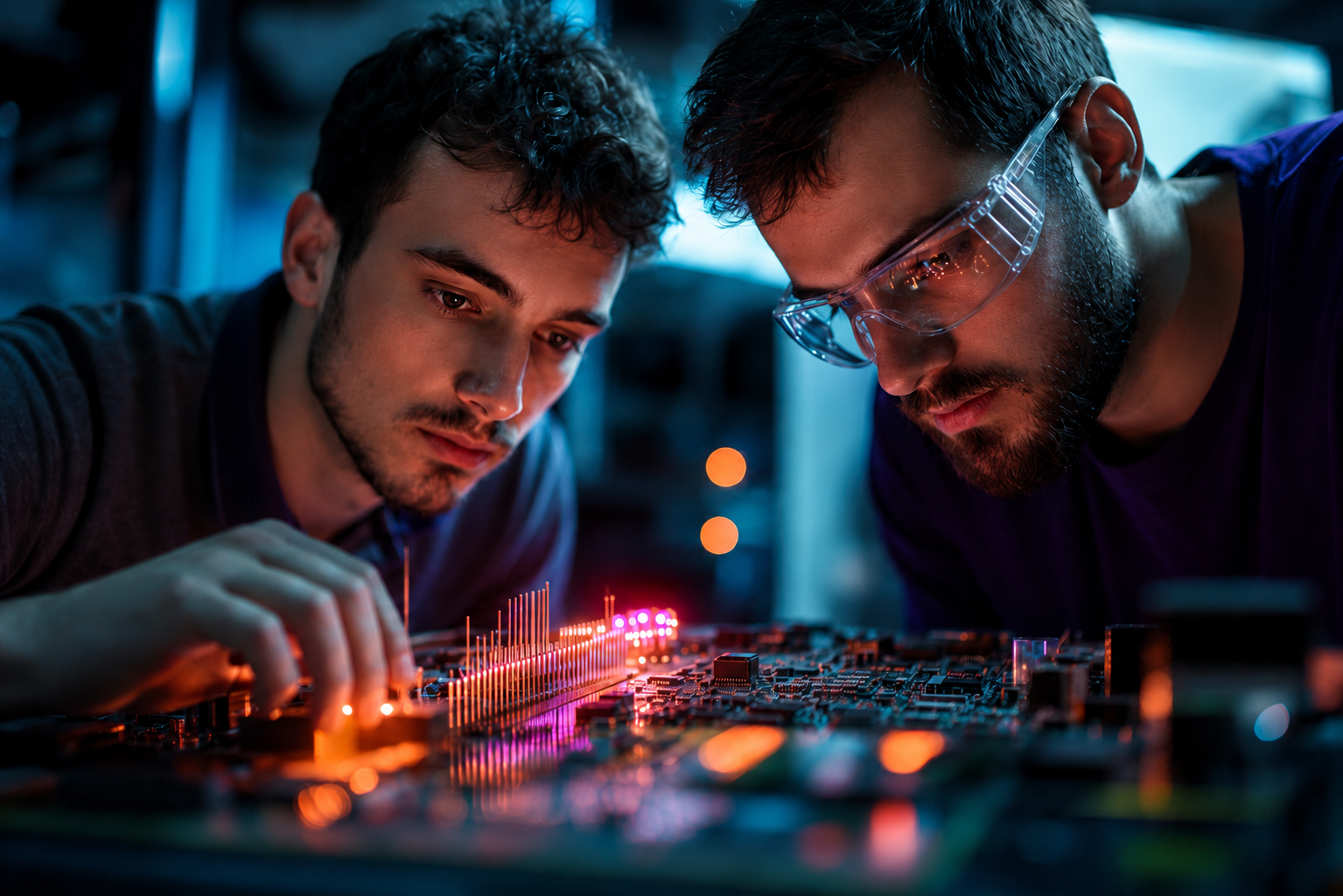 Two engineers inspect an electronic circuit board on a workbench.