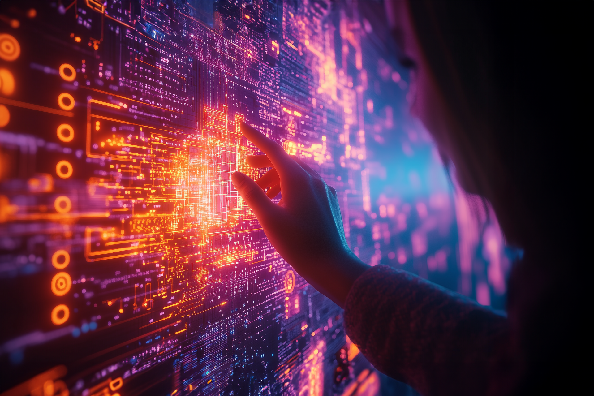 A person interacts with a digital screen displaying glowing data patterns.