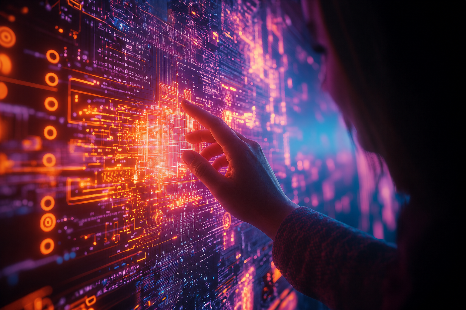 A person interacts with a digital screen displaying glowing data patterns.