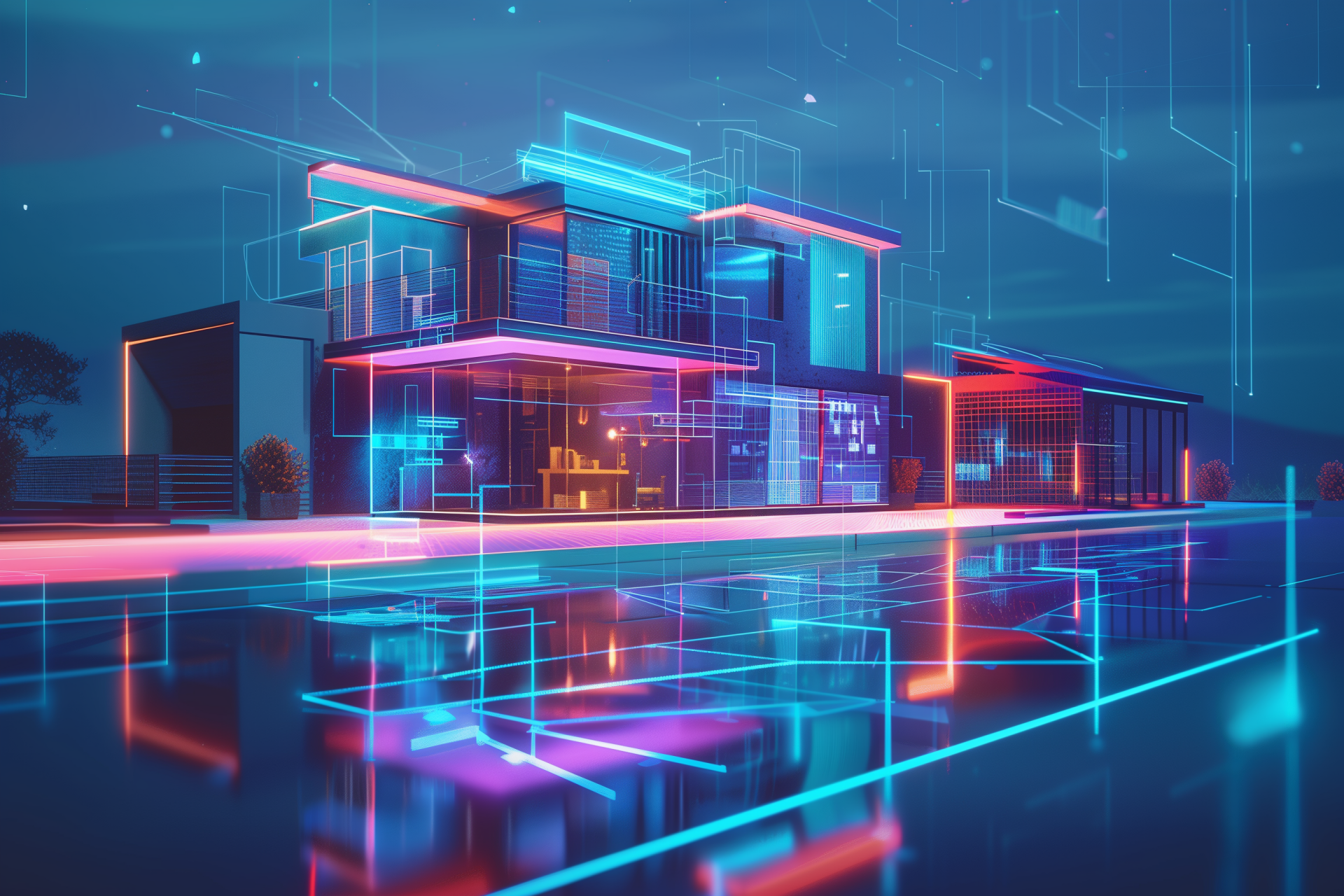 A 3D rendering shows a futuristic smart building made of glowing lines.