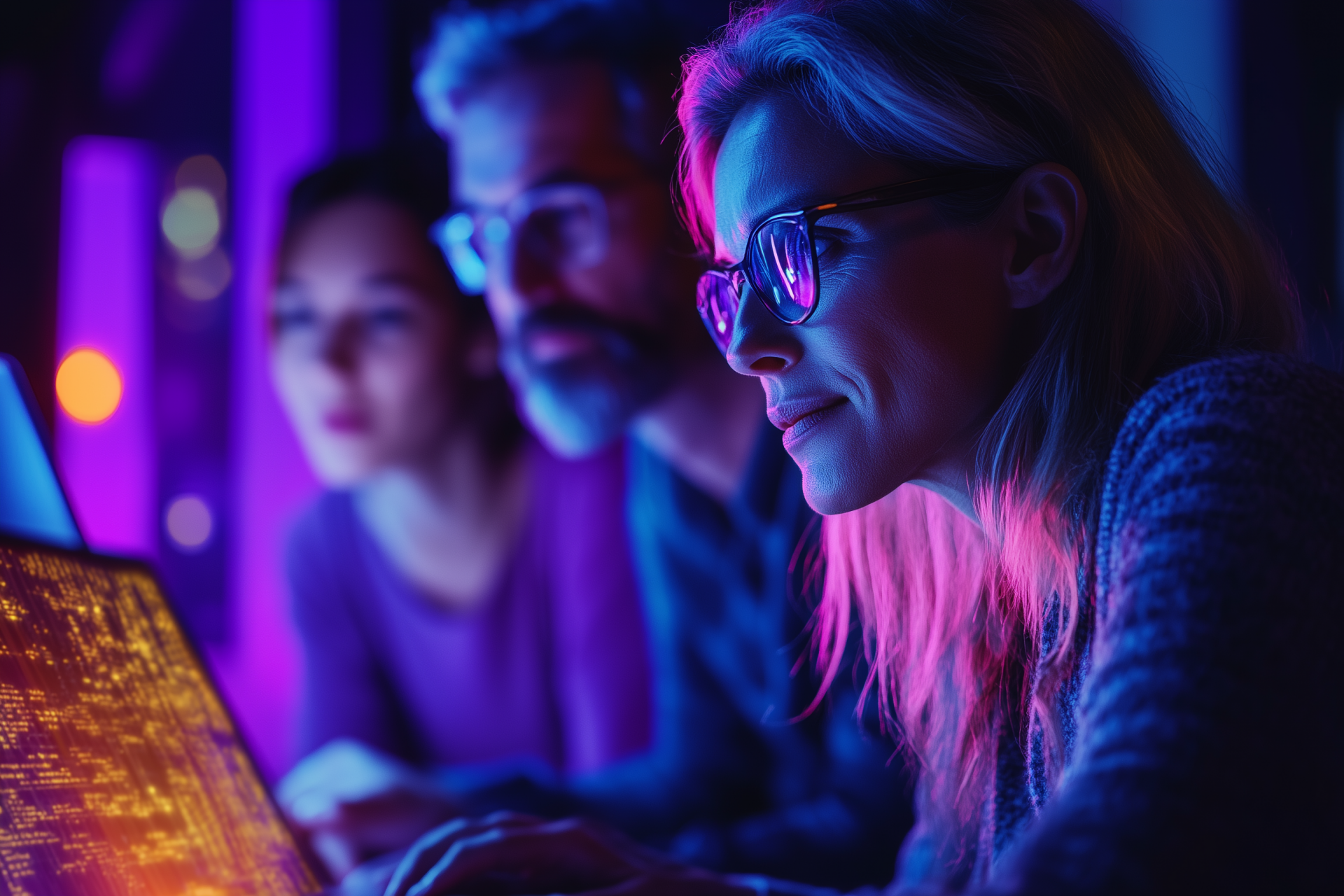 Three people collaborate in front of computer screens in a dark, neon-lit room.