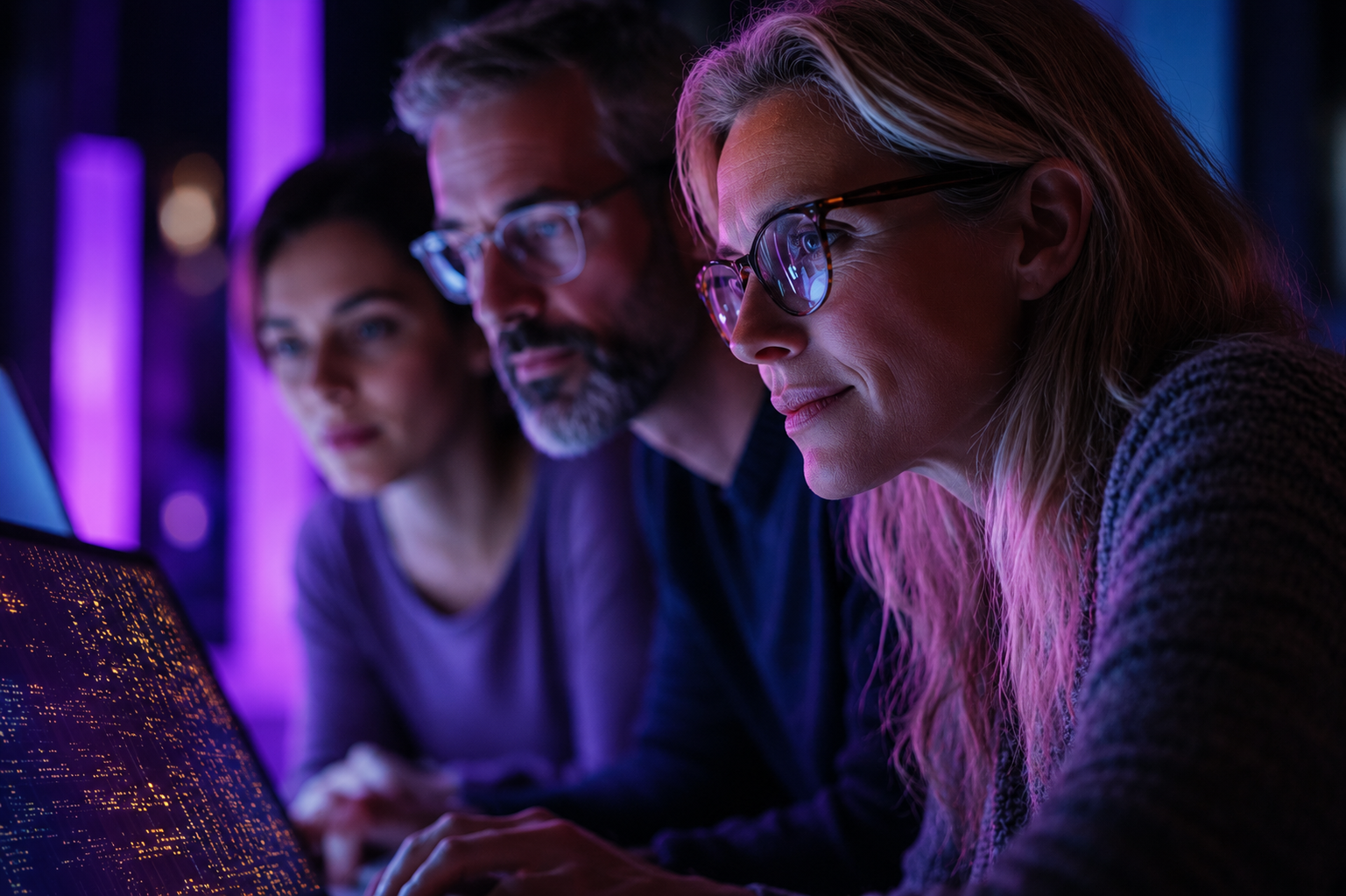 Three people collaborate in front of computer screens in a dark, neon-lit room.