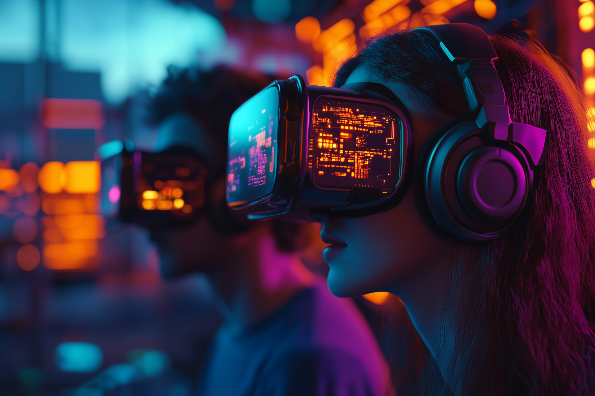A person wears a virtual reality headset in a dimly lit environment.