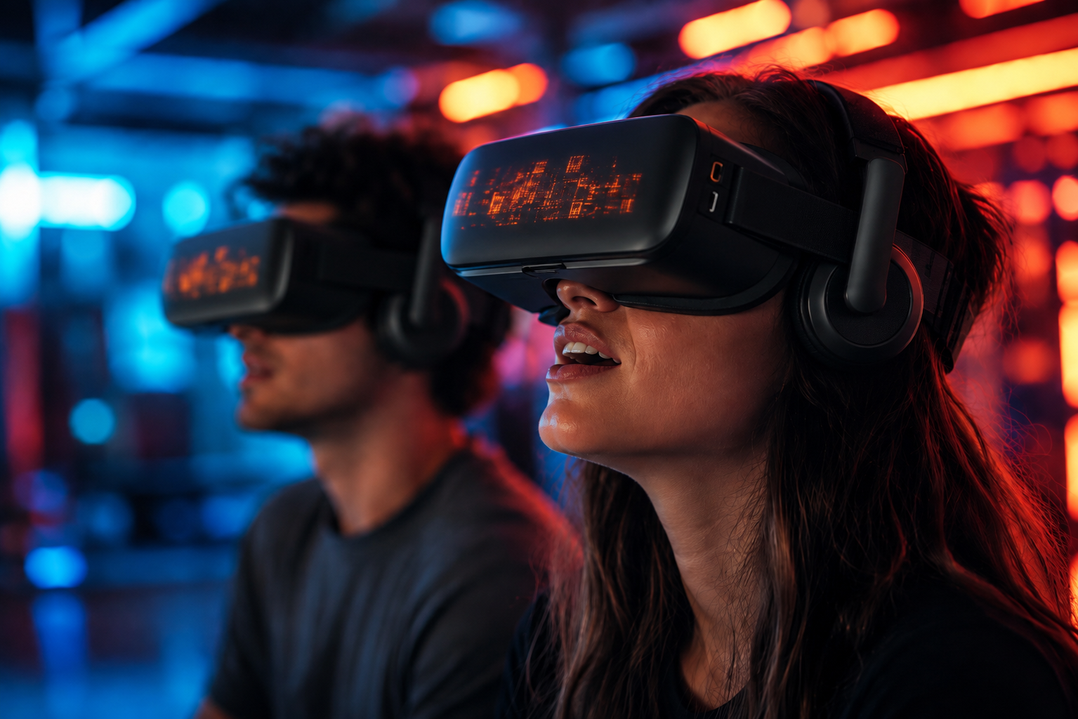 A person wears a virtual reality headset in a dimly lit environment.