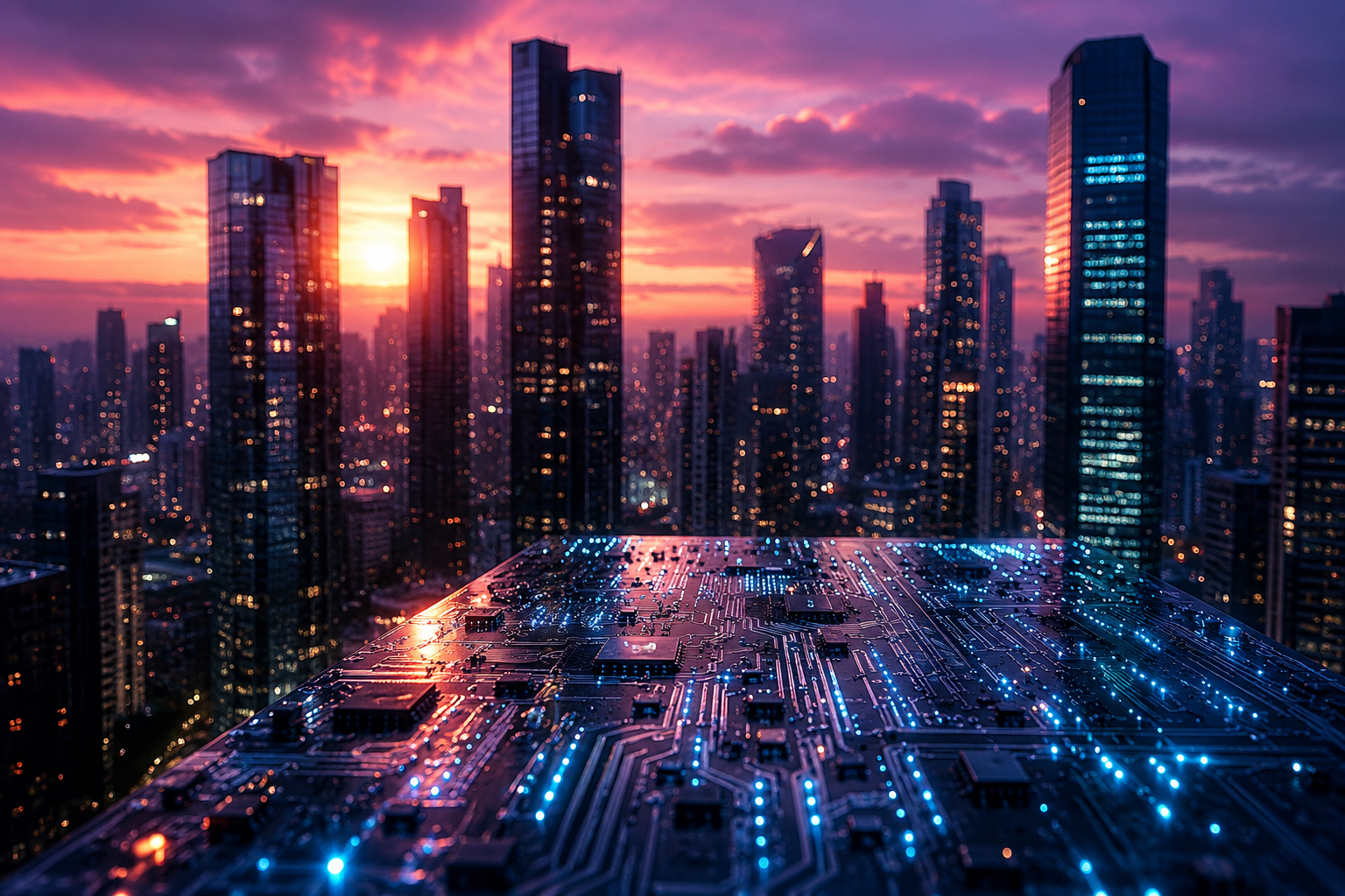 A futuristic city skyline glows with colorful neon lights at dusk.