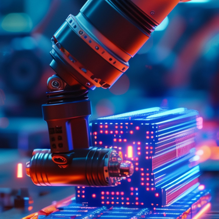 A robotic arm operates over a circuit board in a lab setting.