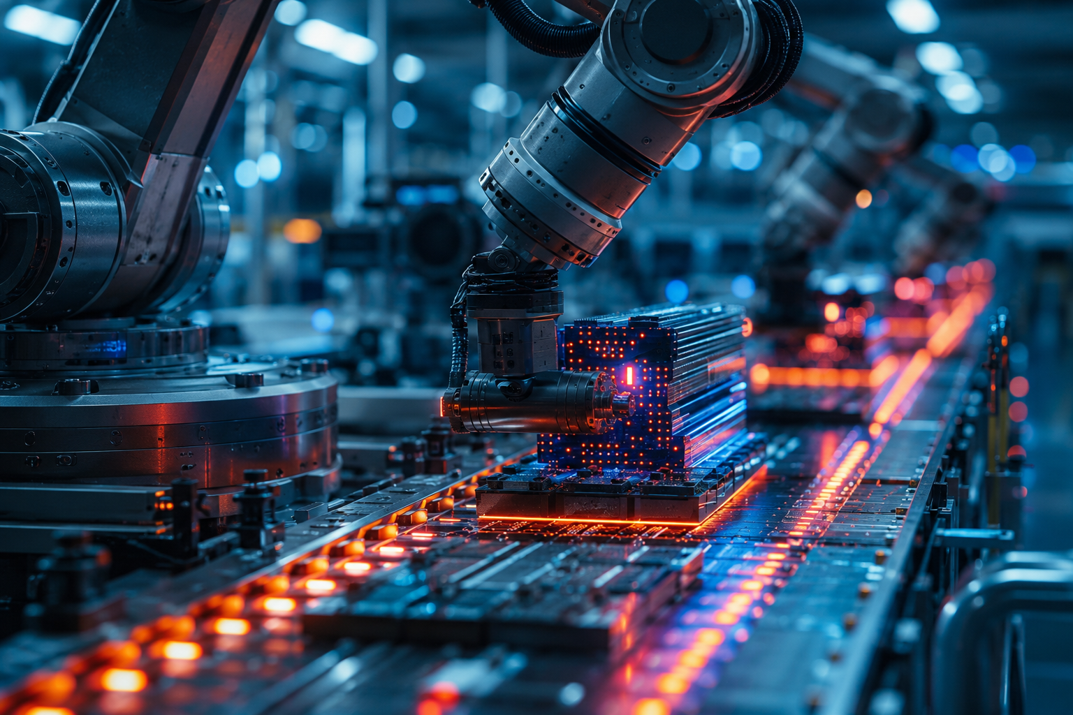 A robotic arm operates over a circuit board in a lab setting.