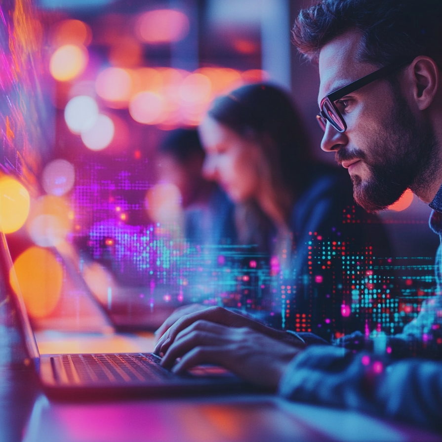 Two professionals work on a laptop surrounded by digital data projections.