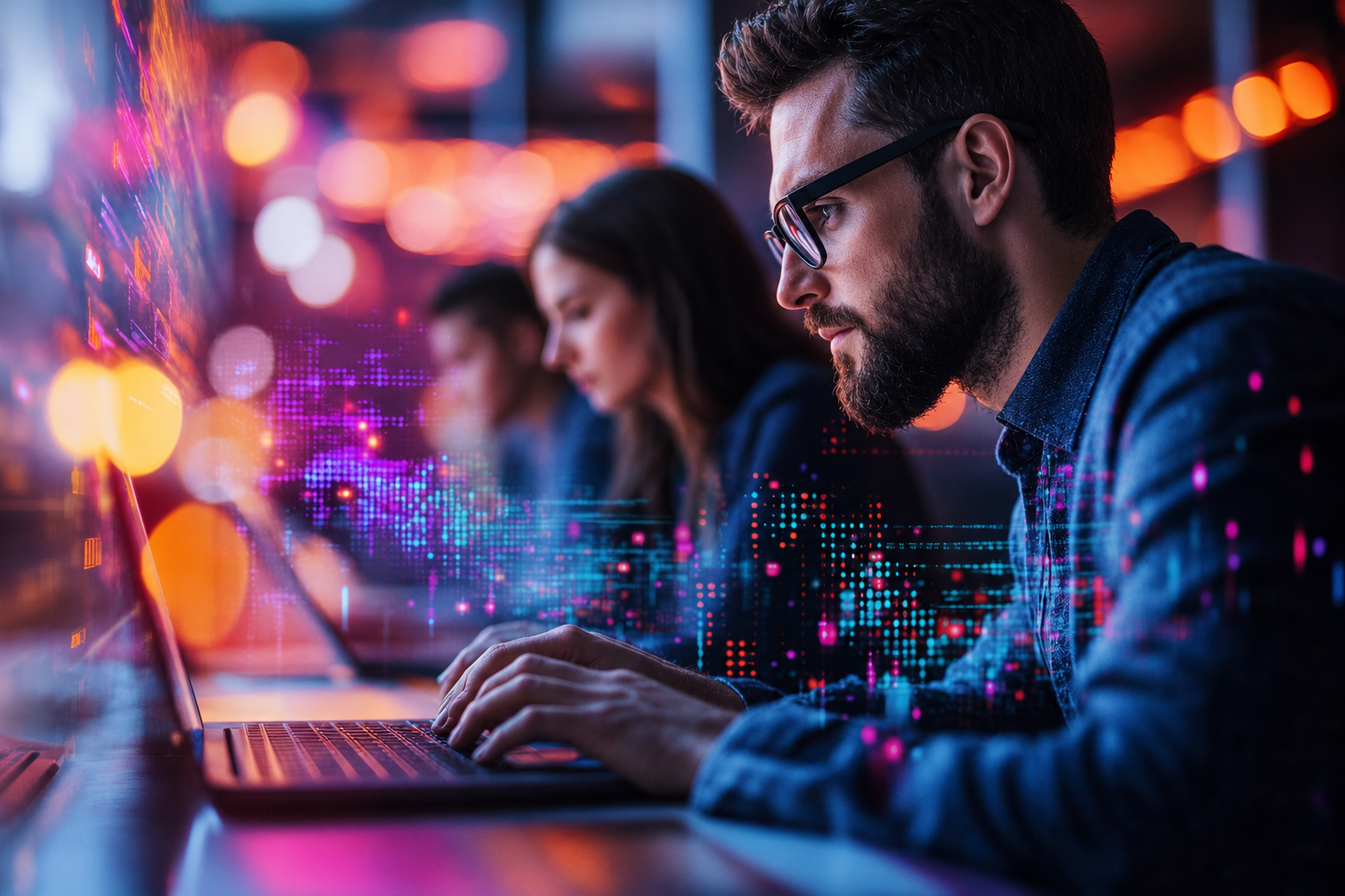 Two professionals work on a laptop surrounded by digital data projections.