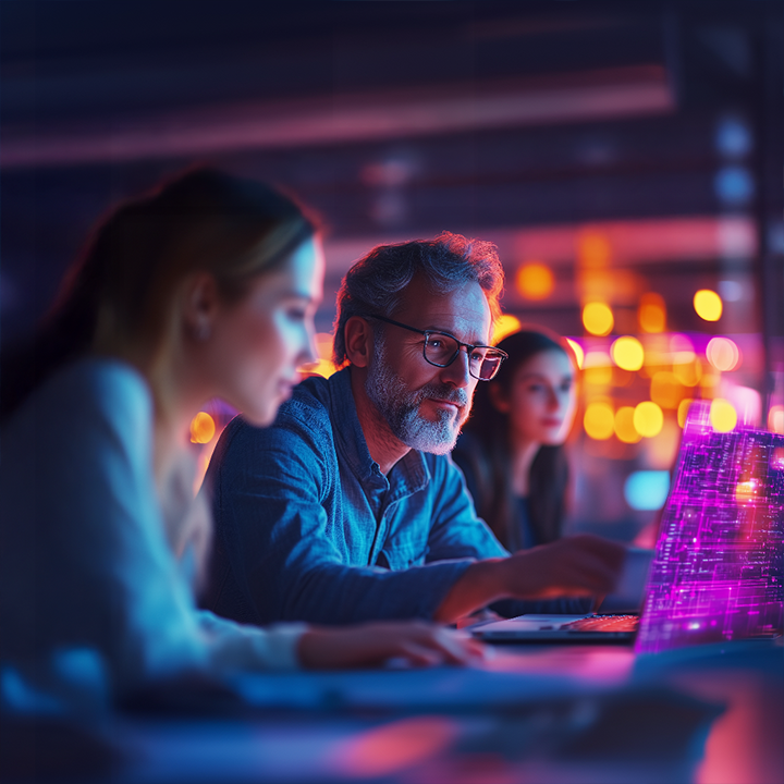 Two professionals work on a laptop surrounded by digital data projections.