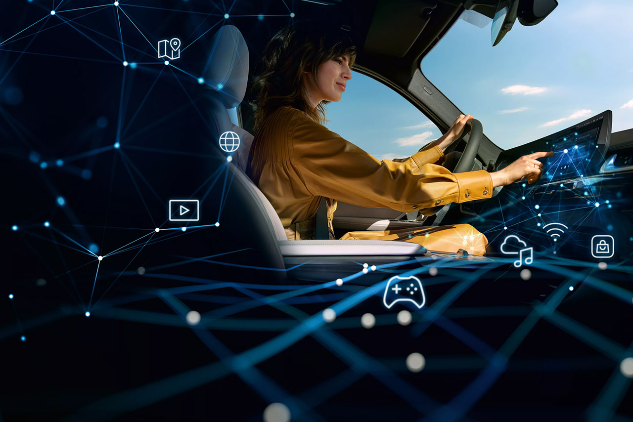 View from the driver's seat of a woman driving a BMW and tapping something on the curved display. Small icons covering the entire image symbolise different applications.