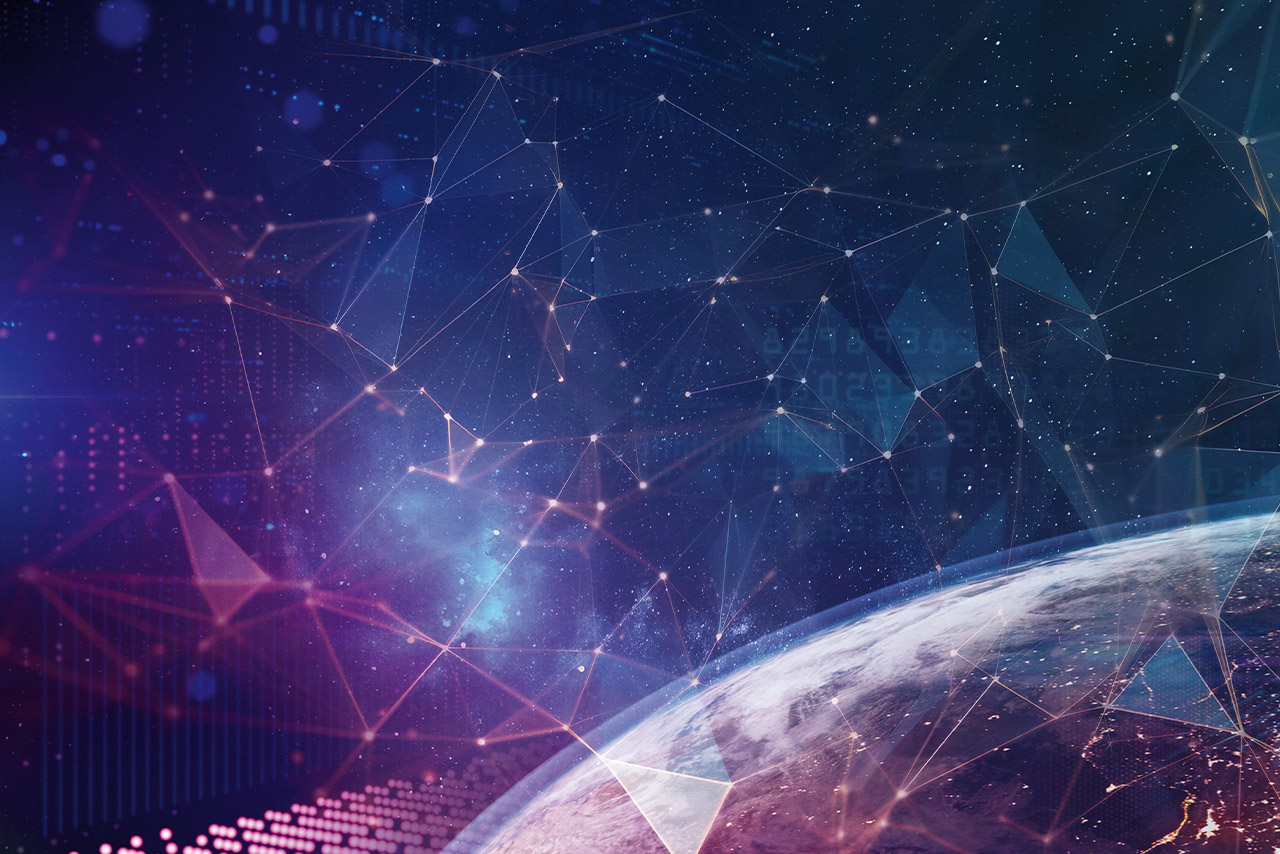 View from space over the Earth and a starry sky with lines connecting individual constellations.