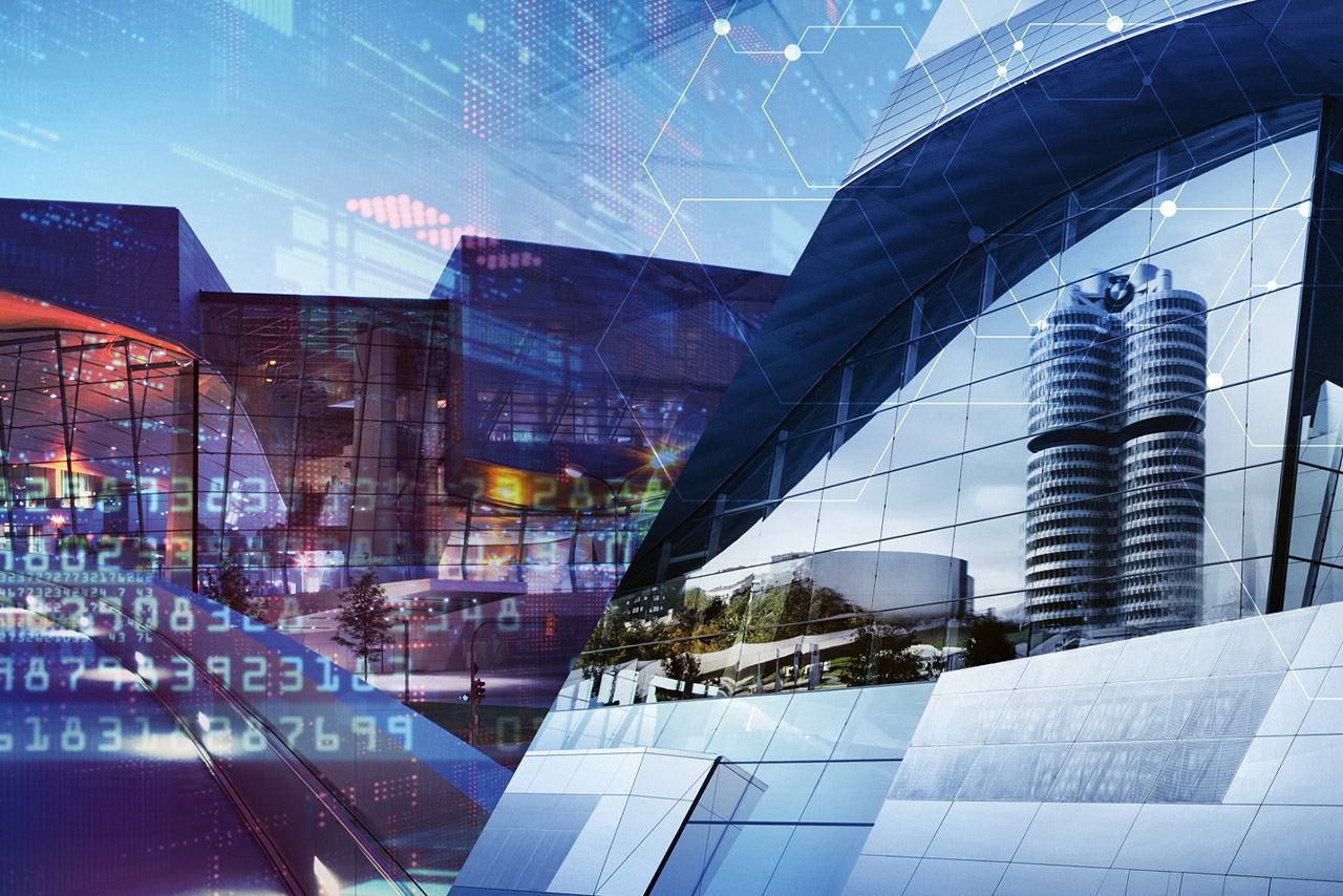 We see a photo collage of various BMW buildings such as BMW Welt and the BMW Four-Cylinder Building.