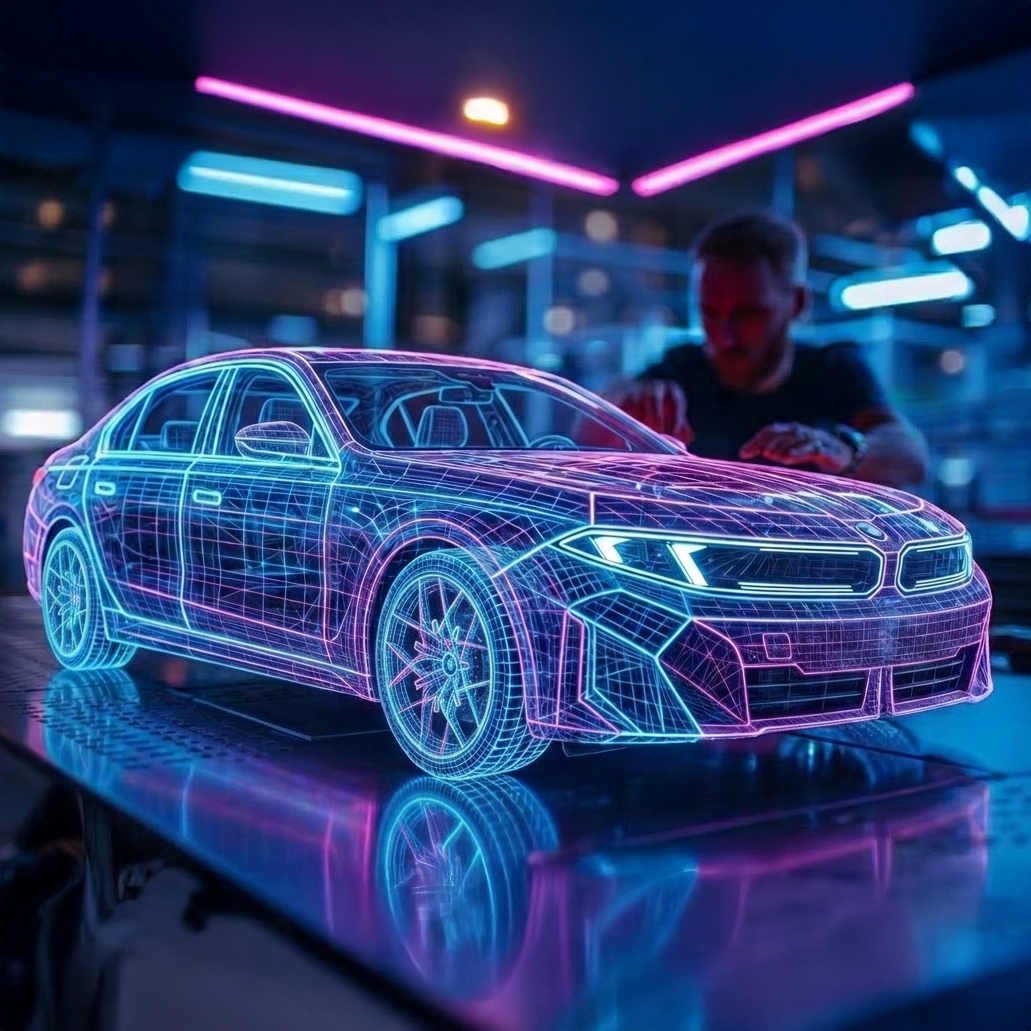 A person working in a high-tech environment with a digitally illuminated car model surrounded by blue and red lighting.