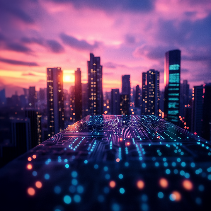 A futuristic city skyline at sunset with a glowing circuit board surface in the foreground symbolizing digital connectivity.
