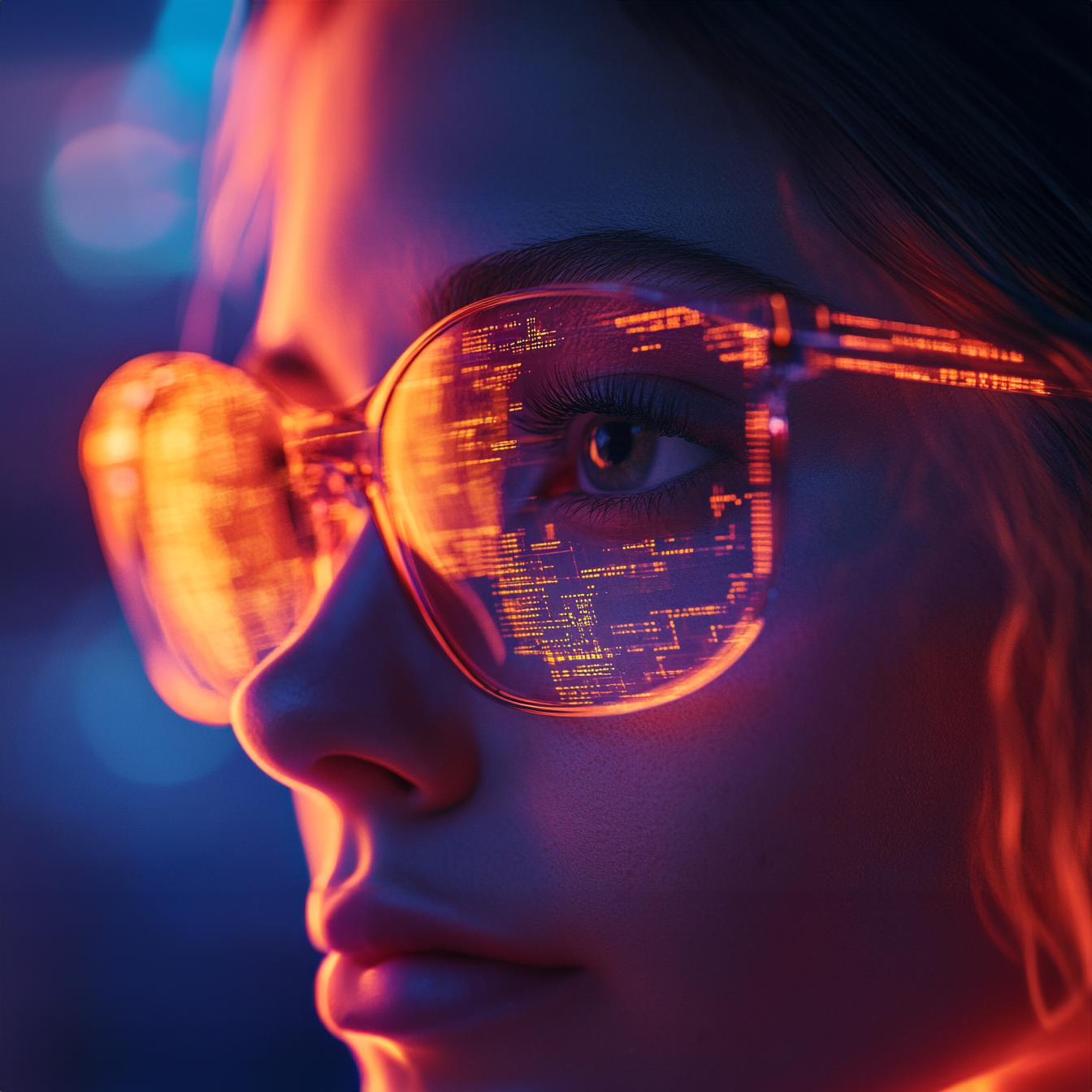 Woman with glasses looking to the left.