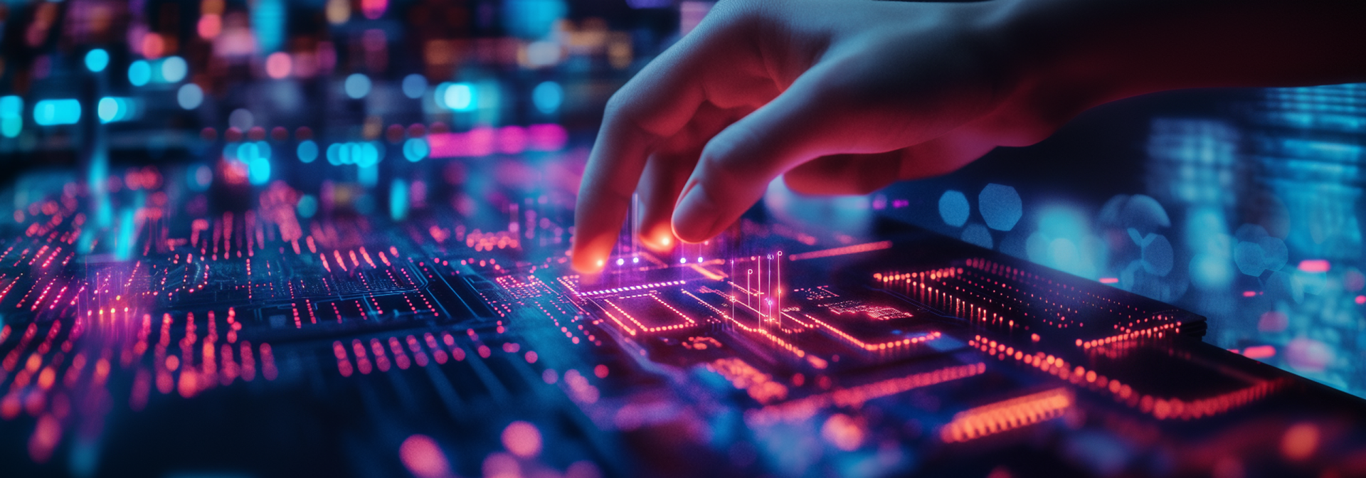 A hand that appears to be touching a huge circuit board made up of lots of orange and blue light.