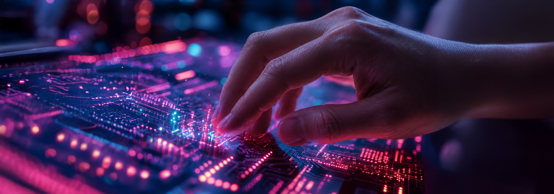 A hand that appears to be touching a huge circuit board made up of lots of orange and blue light.