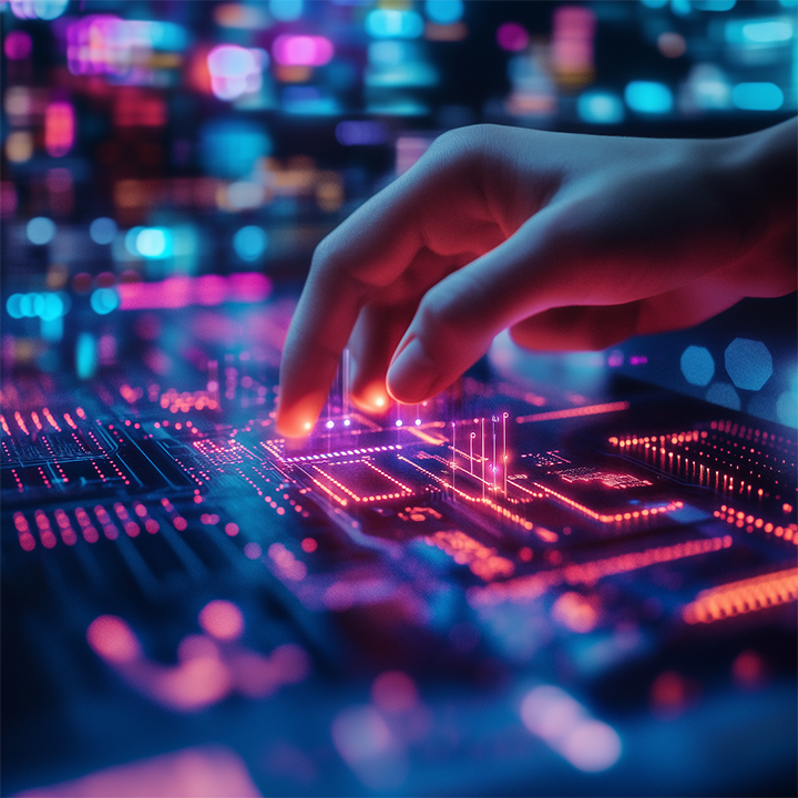 Wir sehen eine Hand die eine riesige Platine zu berühren scheint, die aus viel orangenem und blauem Licht gestaltet ist. 