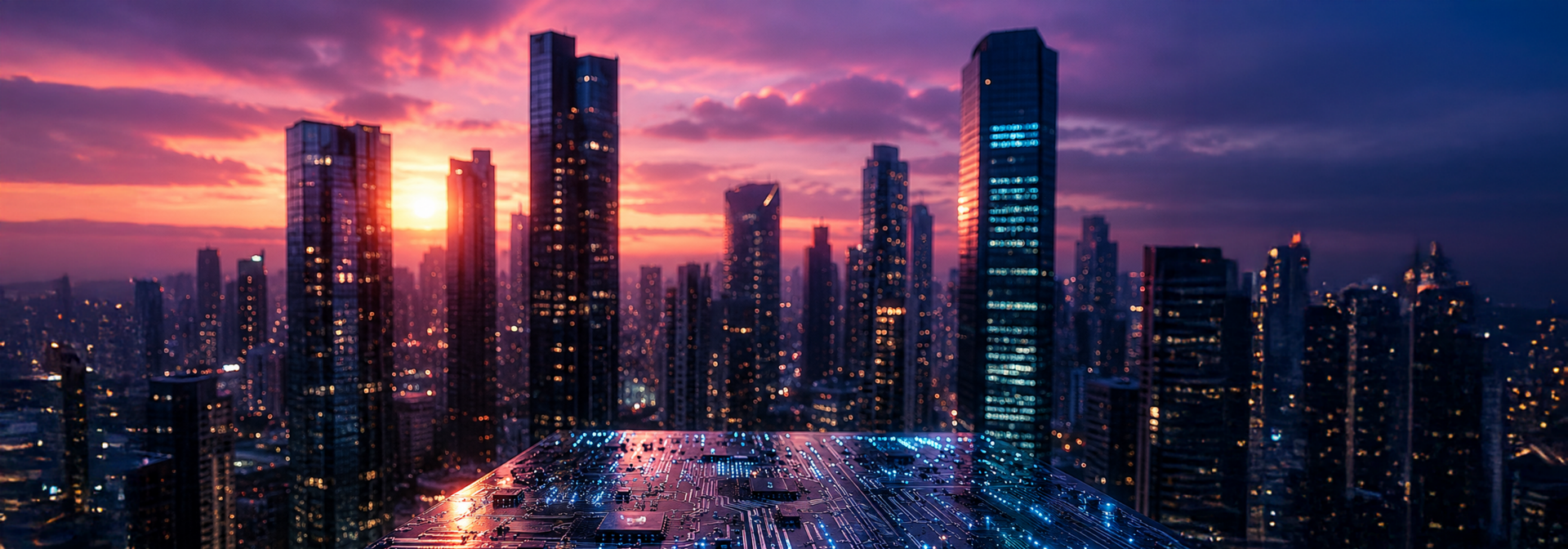 We look out over the skyline of a megacity at sunset, with countless points of light on the buildings and streets.