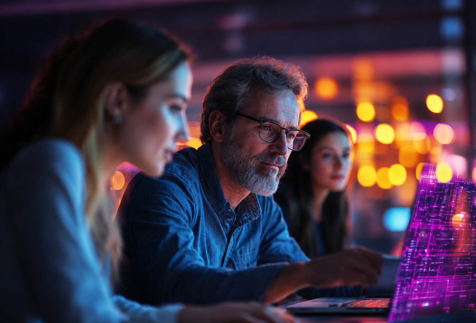 Several people sit in a darkened room and stare intently at an extremely wide monitor controlled by a laptop.