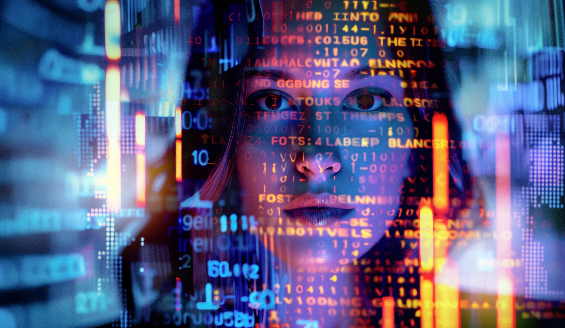 We see a woman looking directly at us, with numbers and words projected onto her face.
