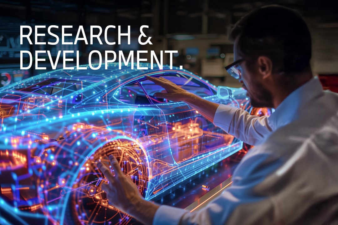 Man analyzing a holographic car model in a digital environment.