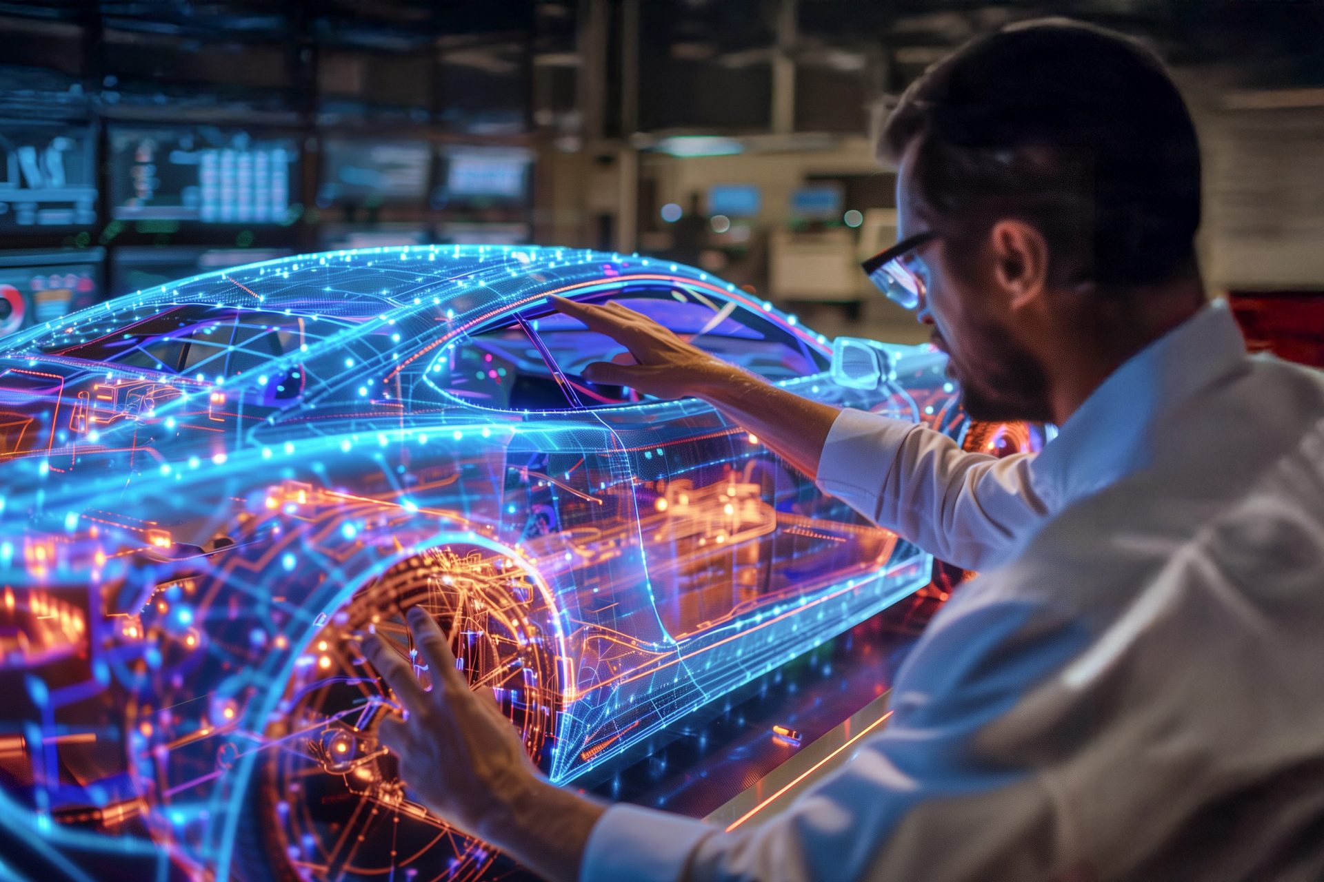 Man analyzing a holographic car model in a digital environment.
