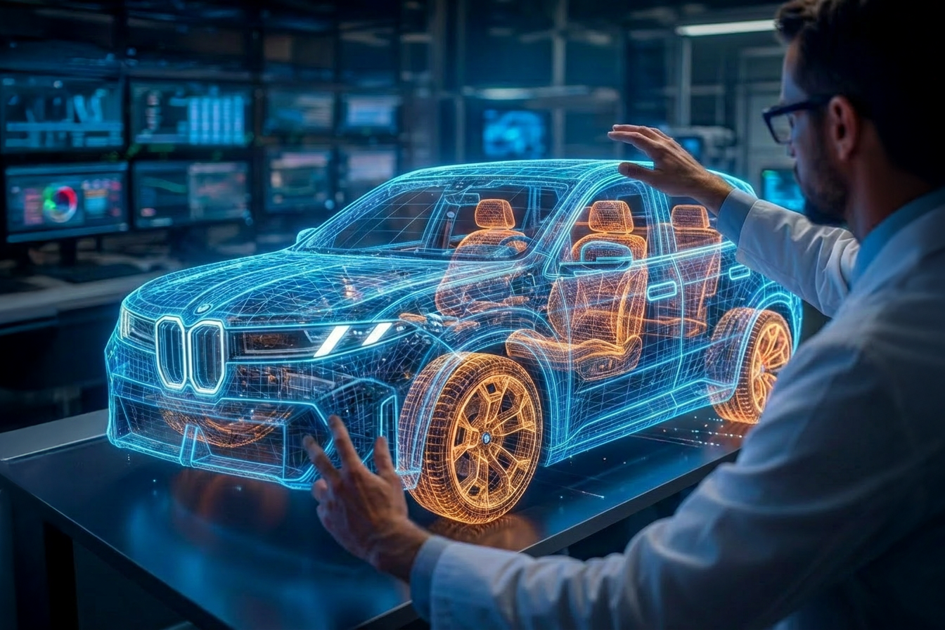 Man analyzing a holographic car model in a digital environment.