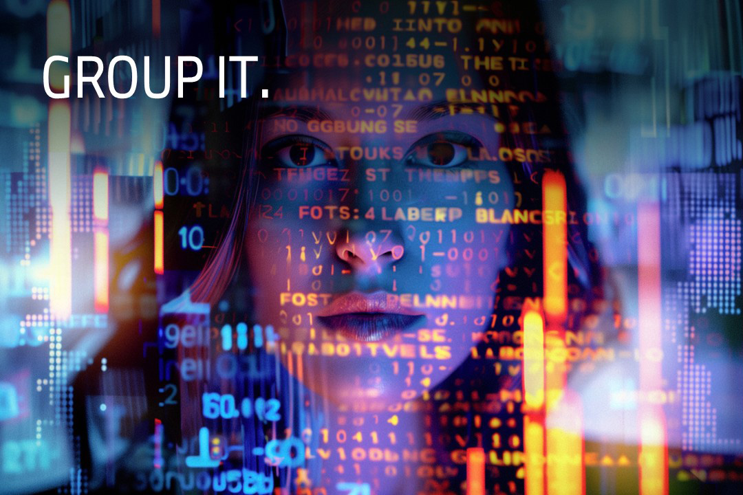 Woman looking through transparent digital projection with code and graphics.