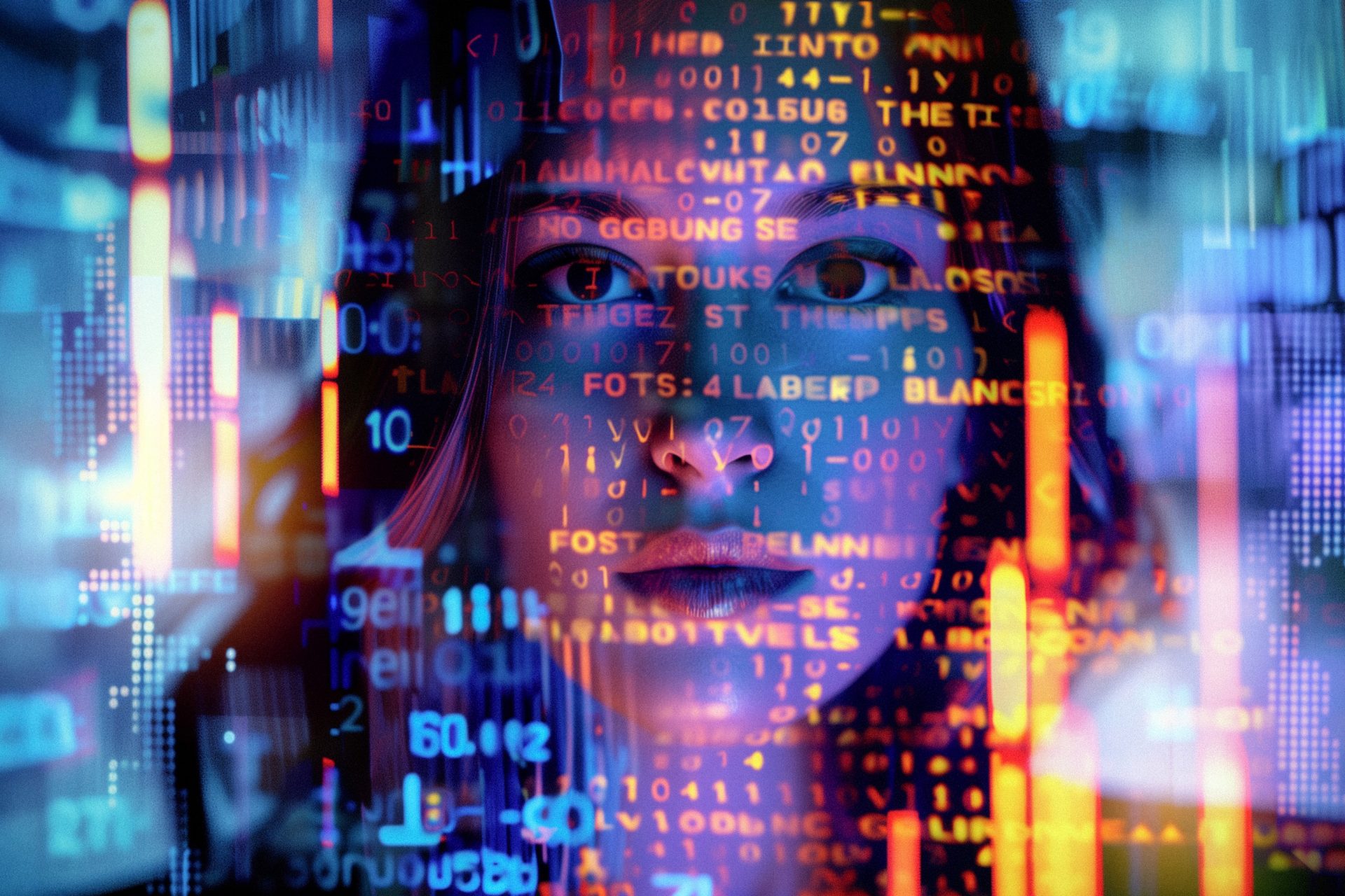 Woman looking through transparent digital projection with code and graphics.