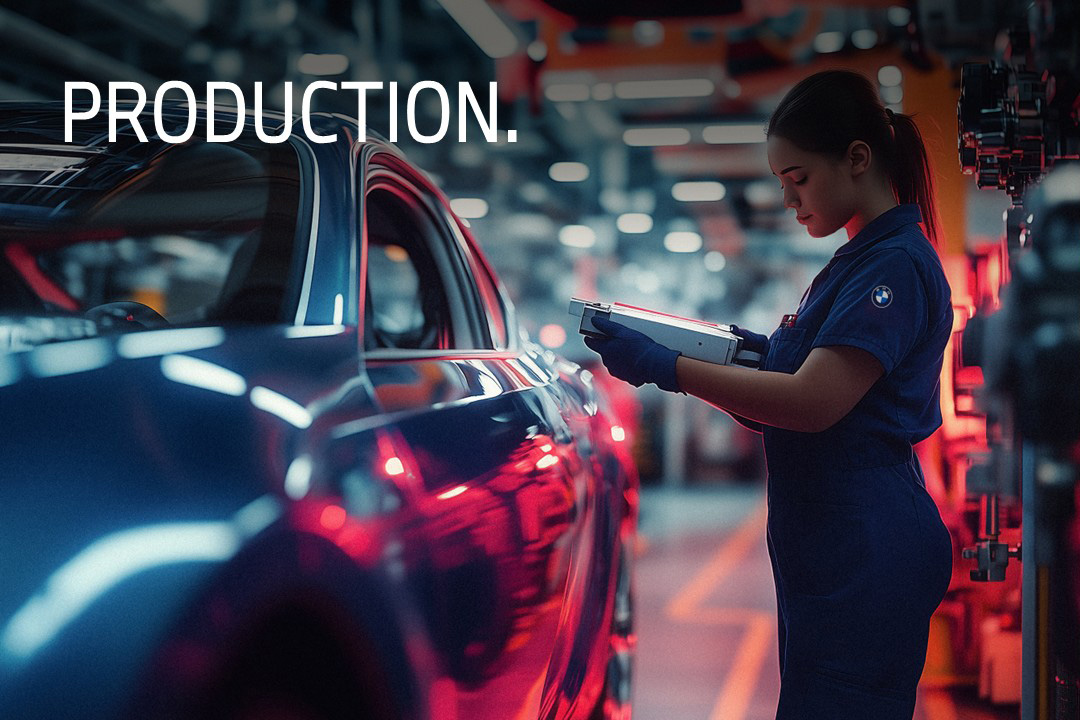 Employee inspecting a car with a tablet in a factory hall.