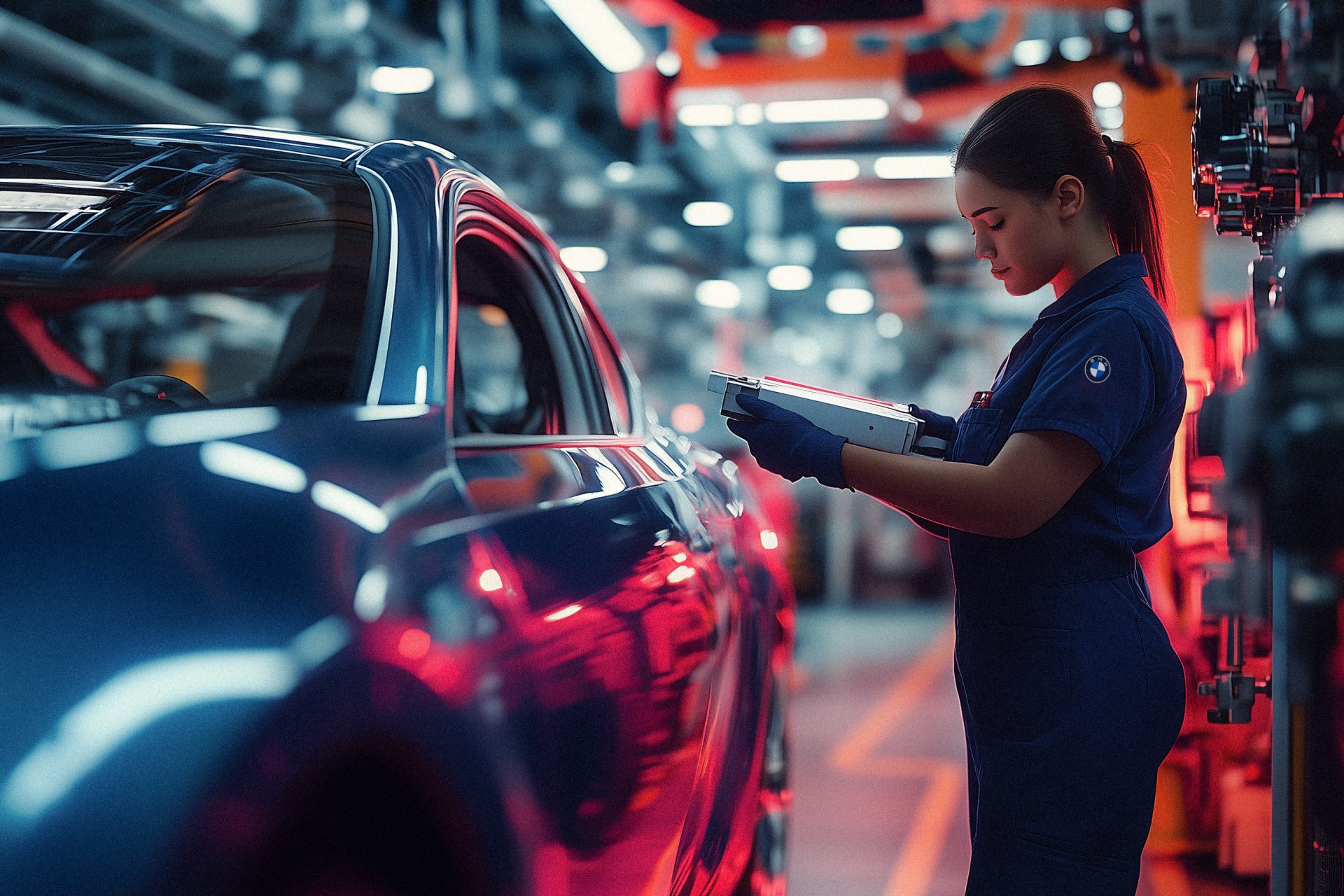 Employee inspecting a car with a tablet in a factory hall.