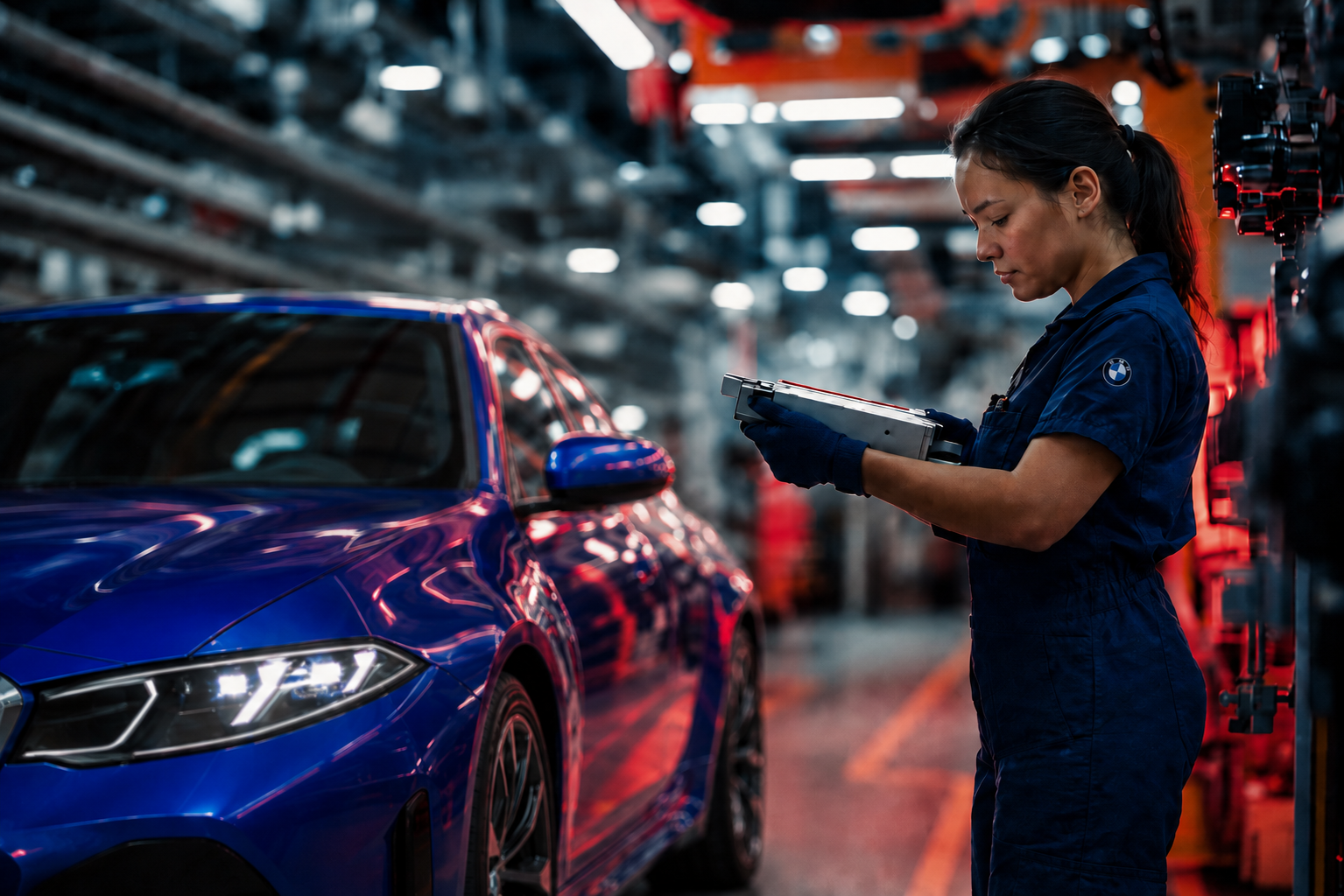 Employee inspecting a car with a tablet in a factory hall.