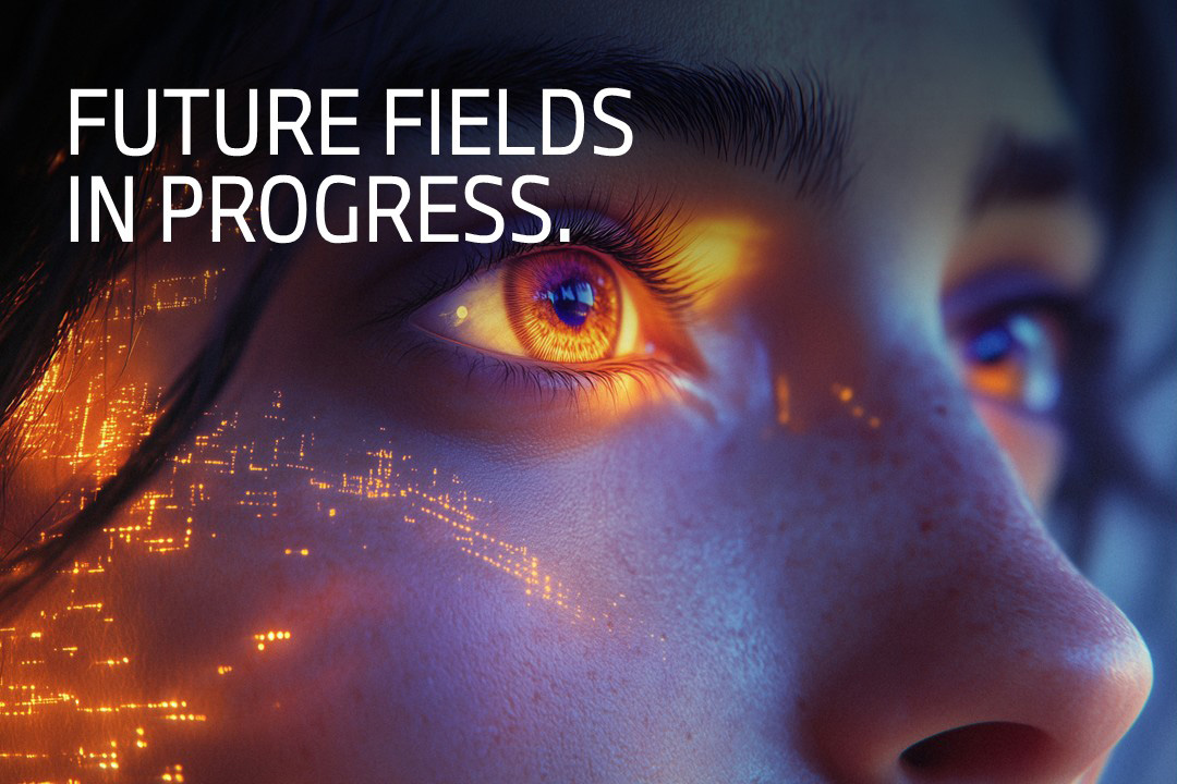 Close-up of an eye with glowing digital data patterns.