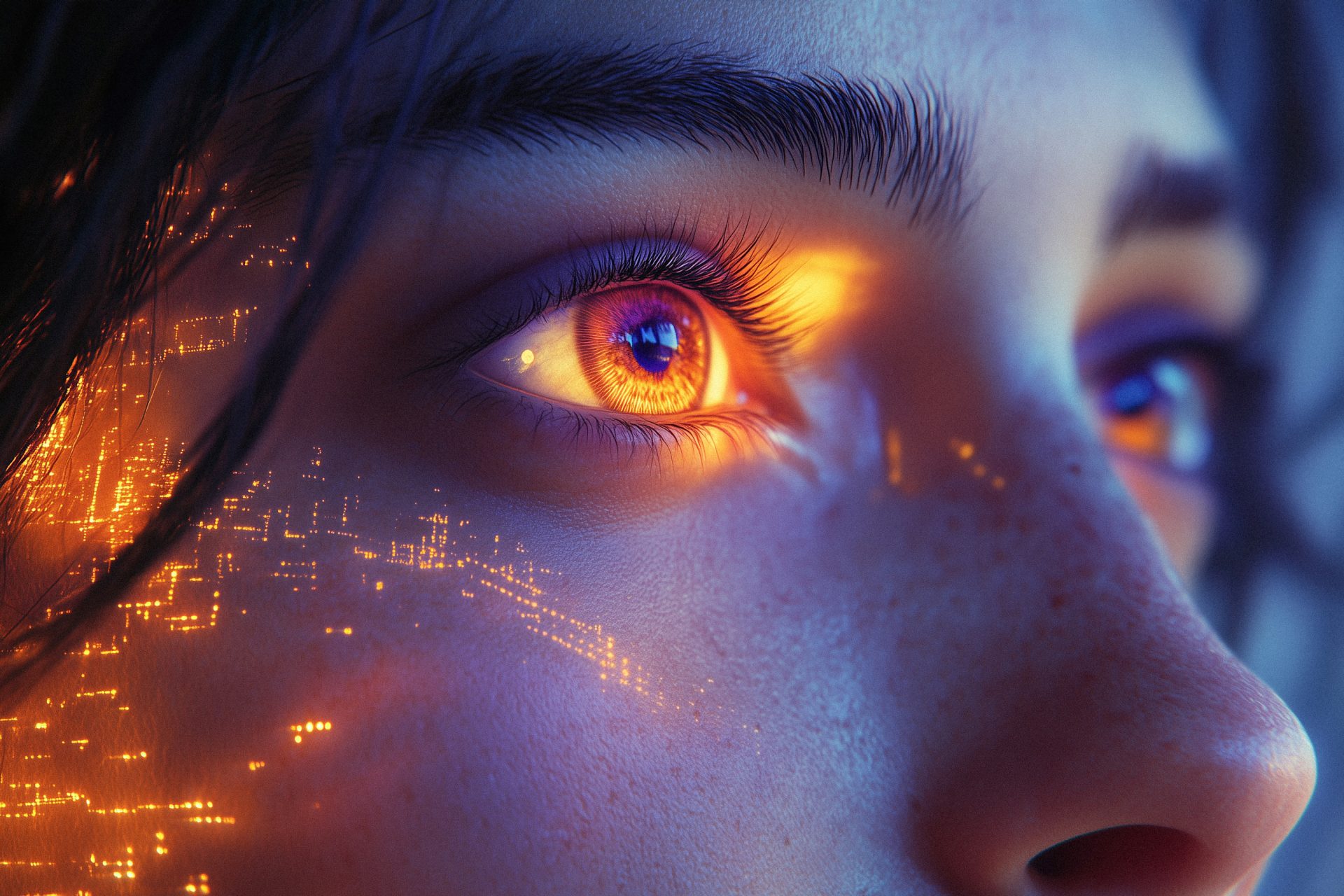 Close-up of an eye with glowing digital data patterns.
