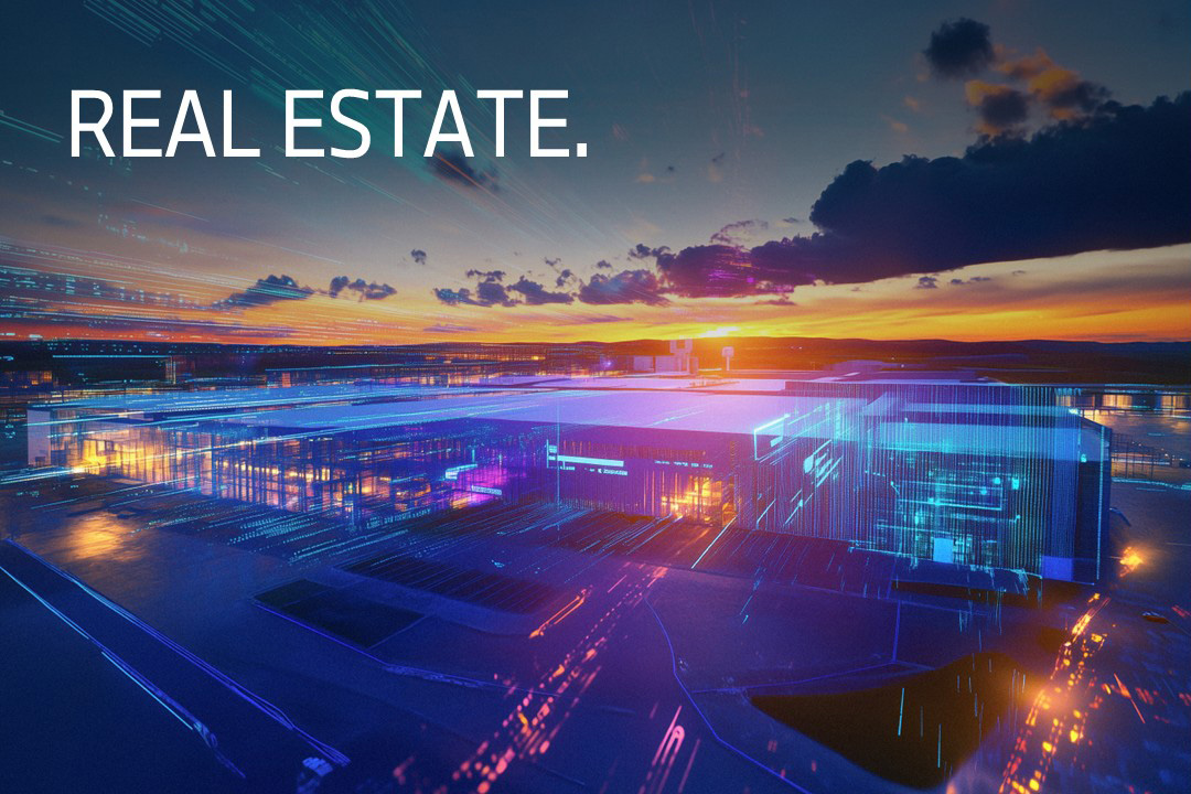 Modern industrial facility at sunset with digital light trails.