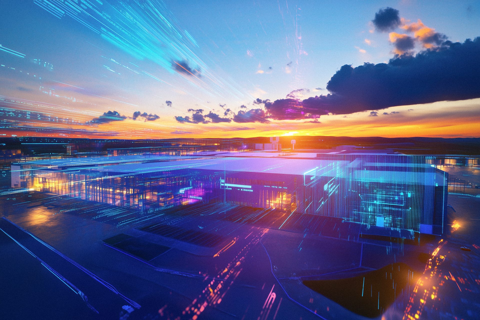 Modern industrial facility at sunset with digital light trails.
