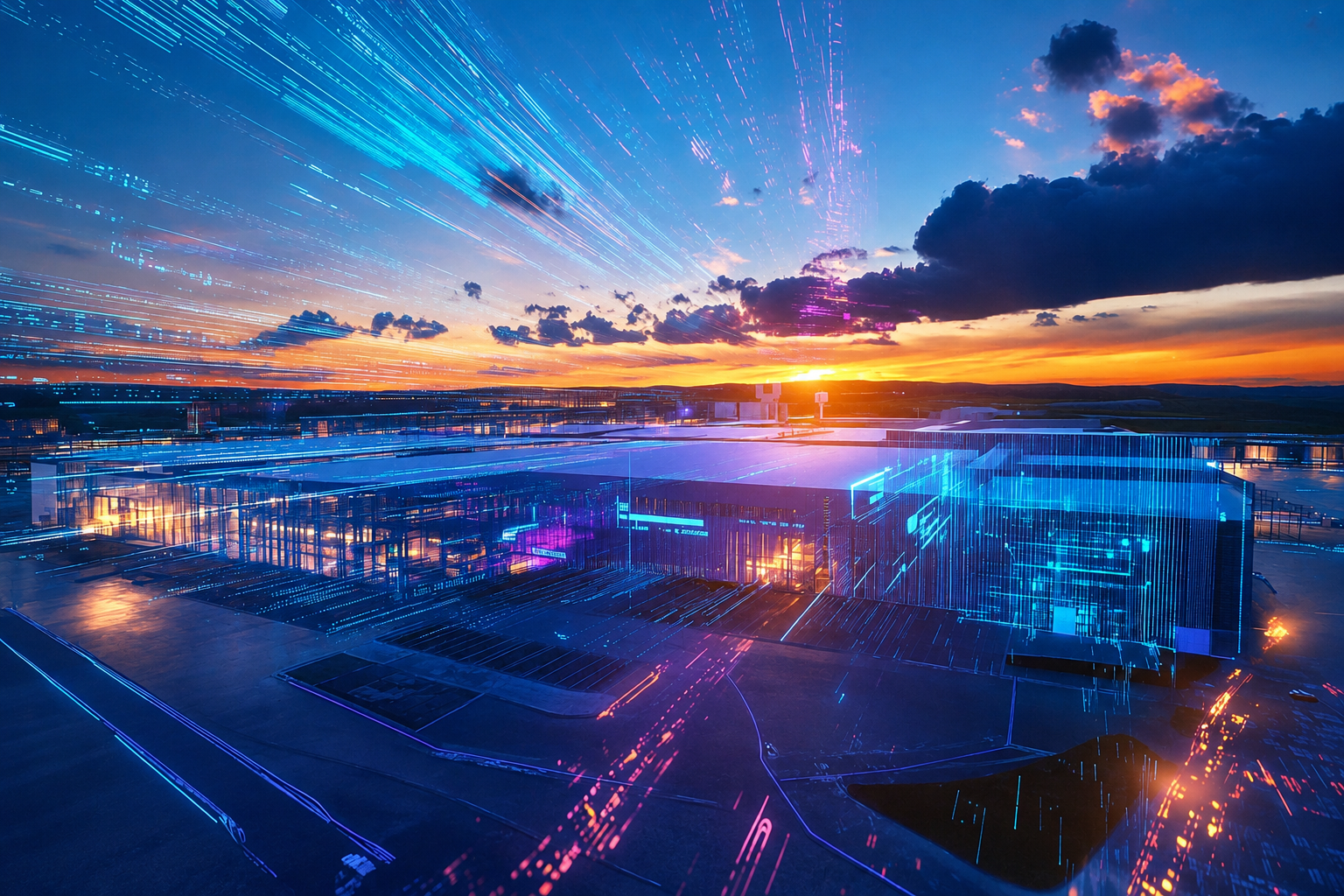 Modern industrial facility at sunset with digital light trails.