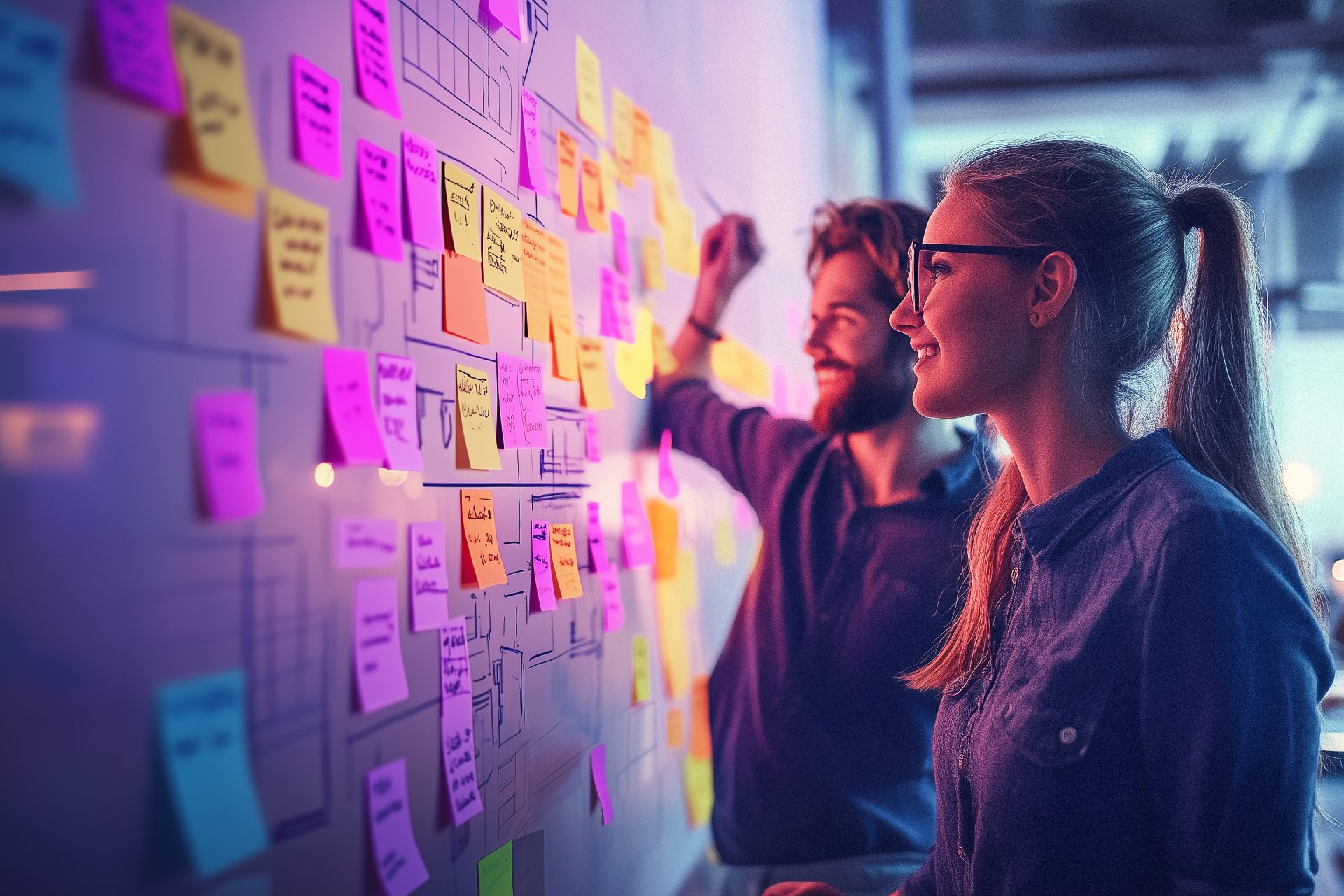 Two people planning at a whiteboard covered with colorful sticky notes.