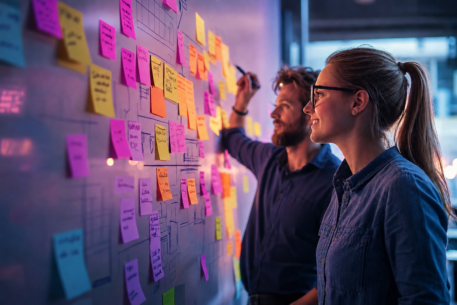 Two people planning at a whiteboard covered with colorful sticky notes.