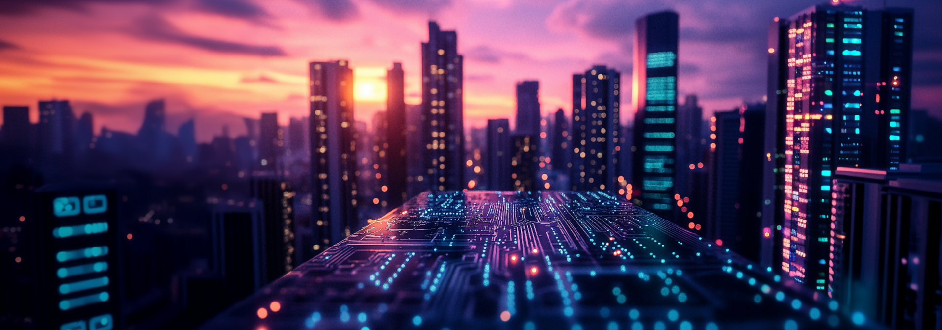 We look out over the skyline of a megacity at sunset, with countless points of light on the buildings and streets.