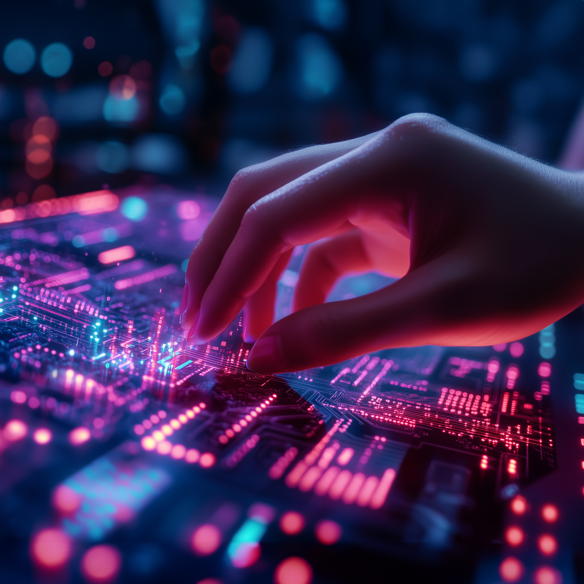 A person interacts with a digital screen displaying glowing data patterns.