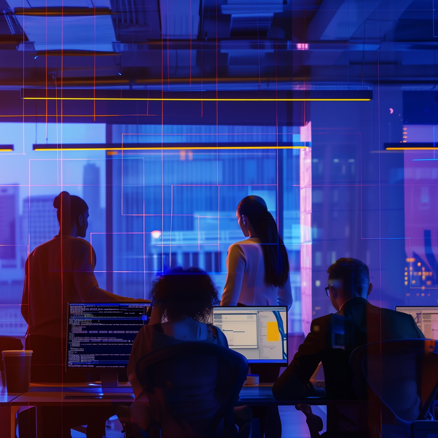 A 3D rendering shows a futuristic smart building made of glowing lines.