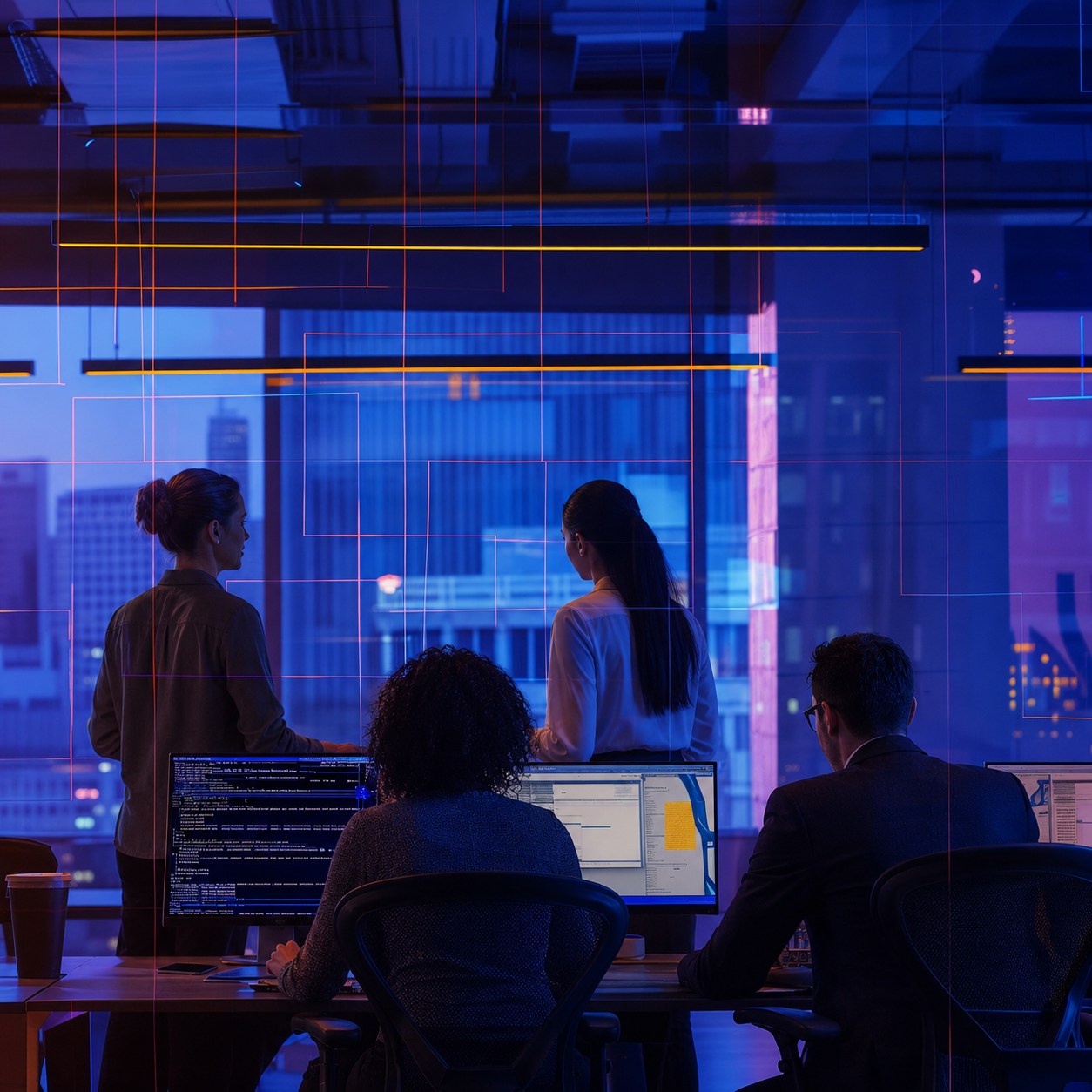 A 3D rendering shows a futuristic smart building made of glowing lines.