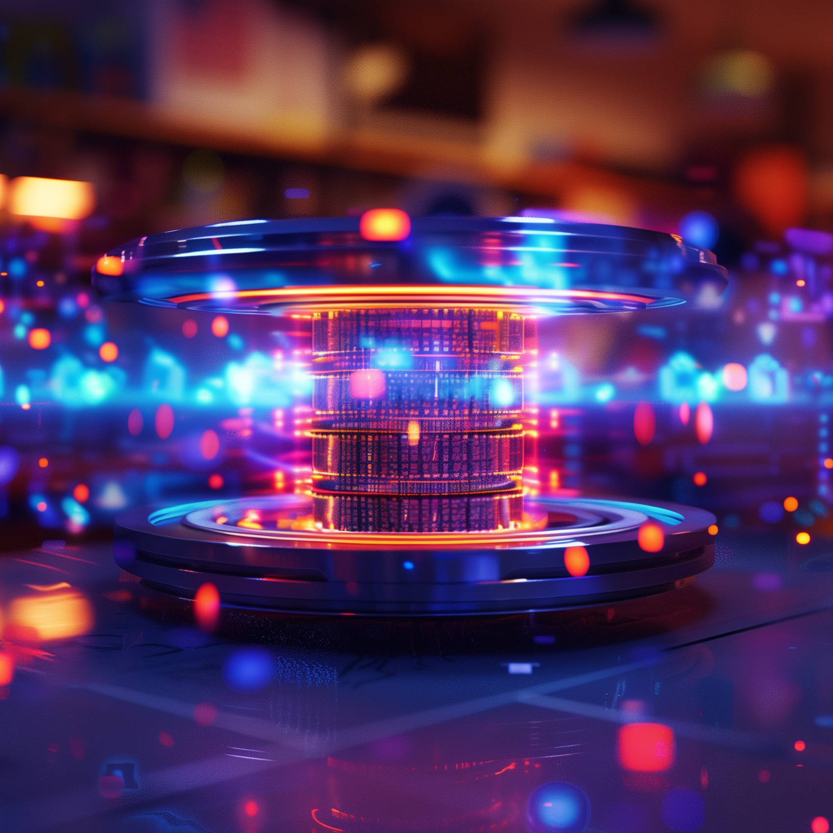 Three people collaborate in front of computer screens in a dark, neon-lit room.