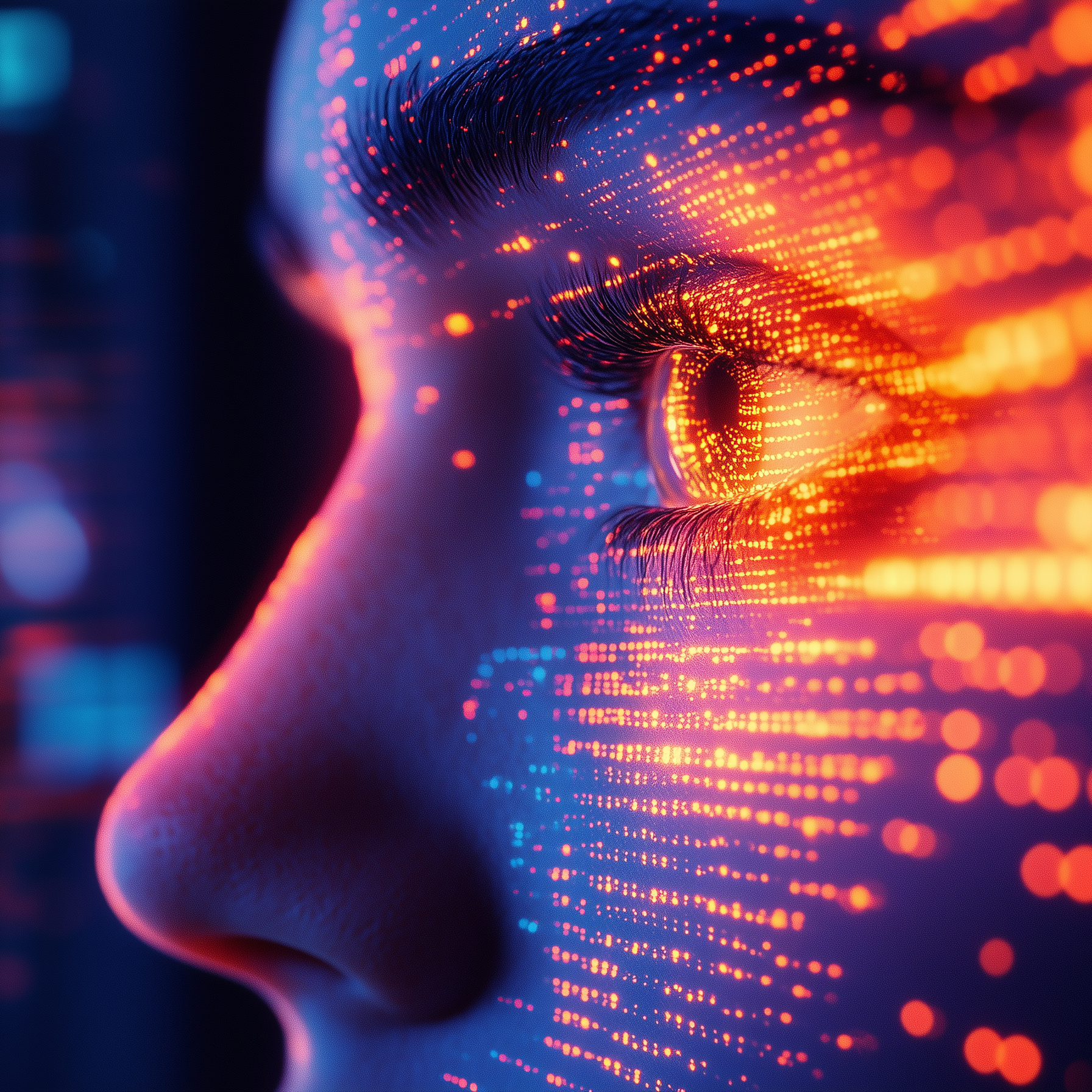 A person wears a virtual reality headset in a dimly lit environment.